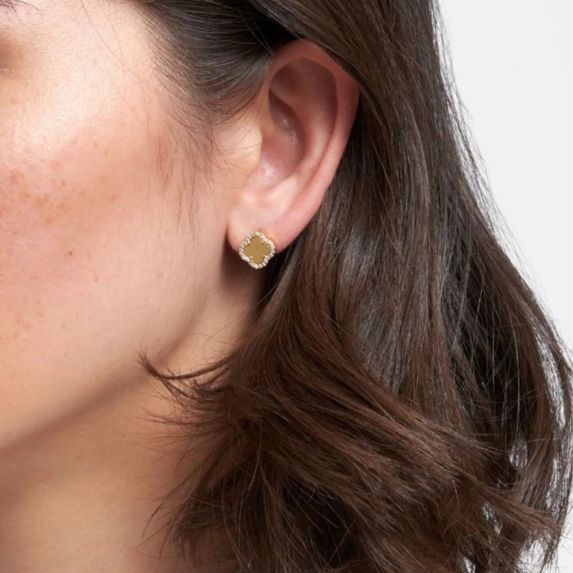 14k Gold Plated Crystal Halo Matte Center Clover Earrings