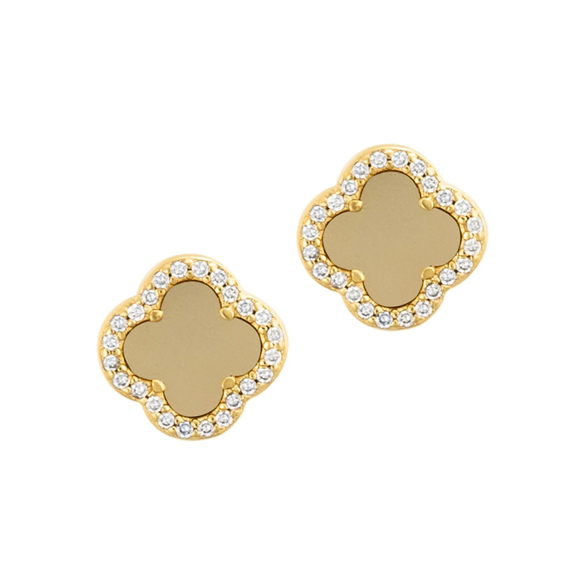 14k Gold Plated Crystal Halo Matte Center Clover Earrings