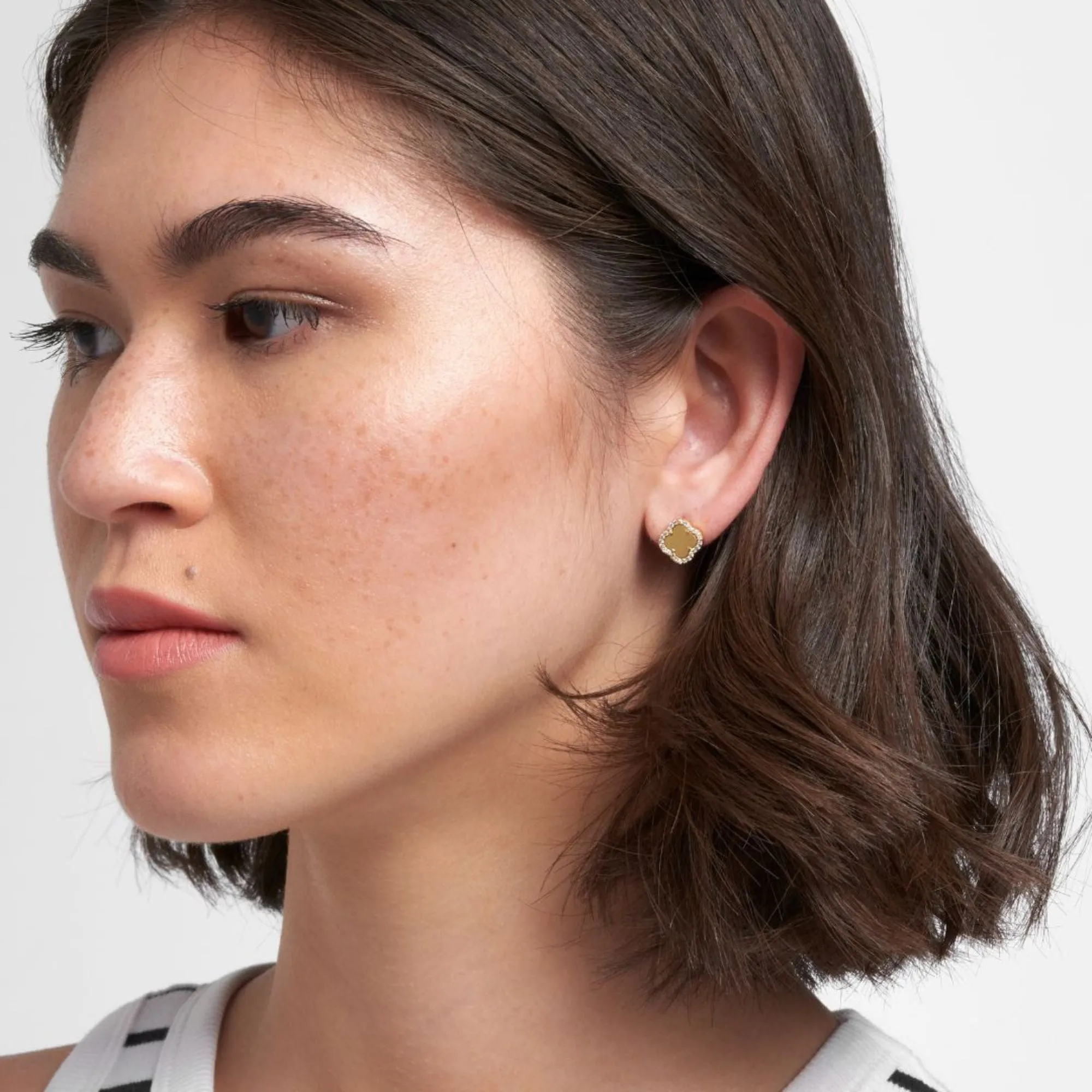 14k Gold Plated Crystal Halo Matte Center Clover Earrings