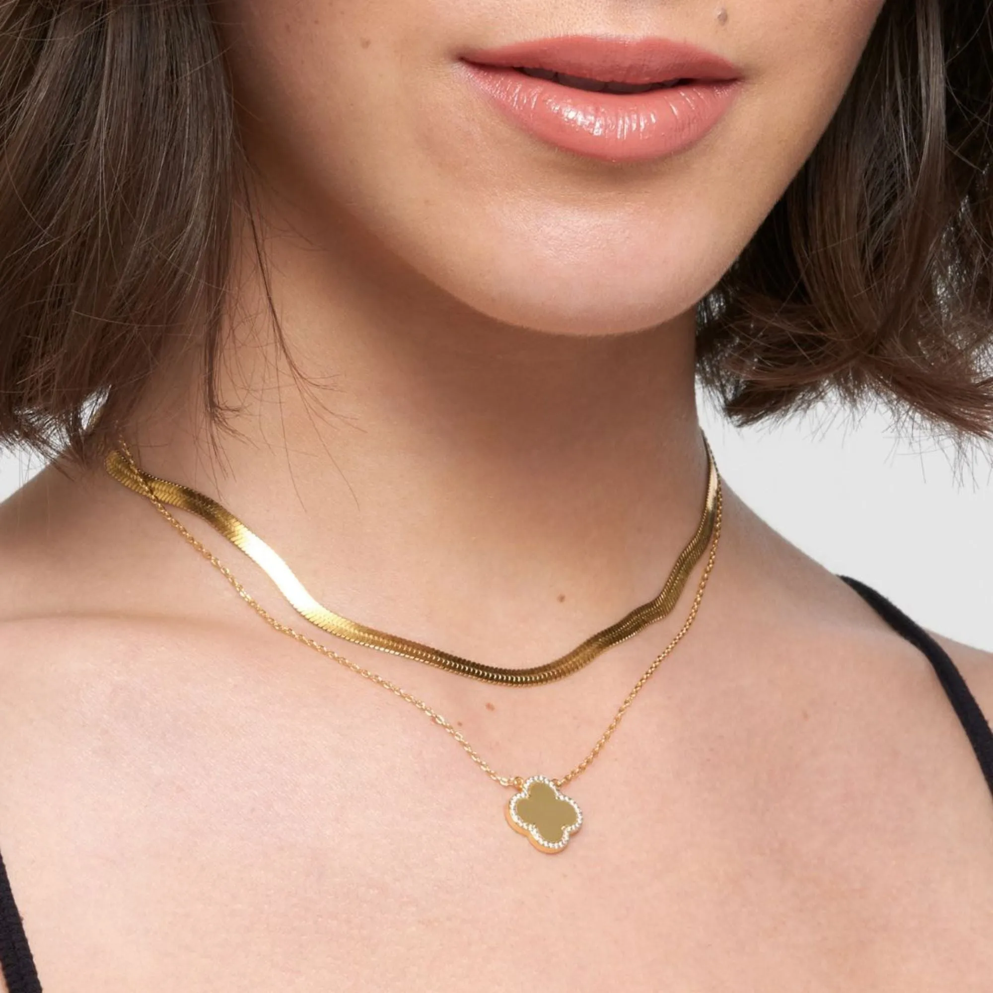 14k Gold Plated Crystal Halo Matte Center Clover Necklace