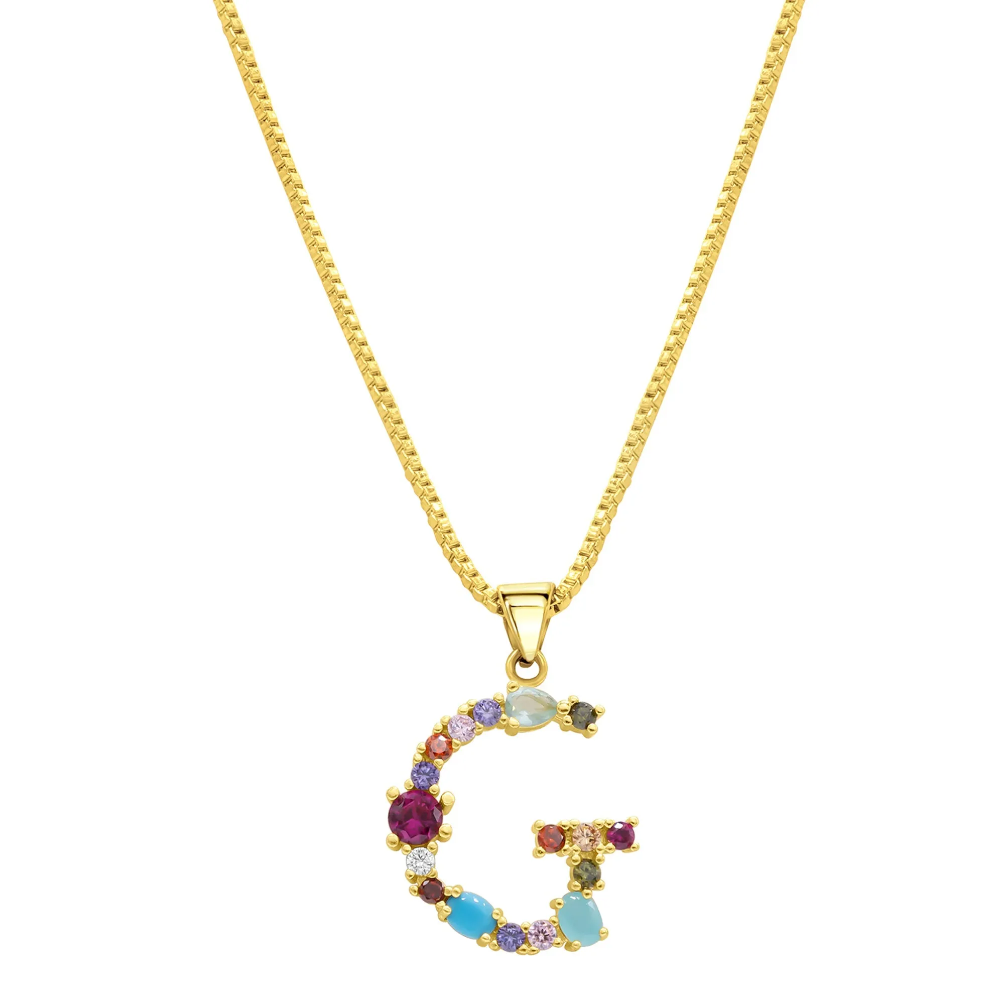 14K Gold Plated Multi Color Stone Initial Necklace