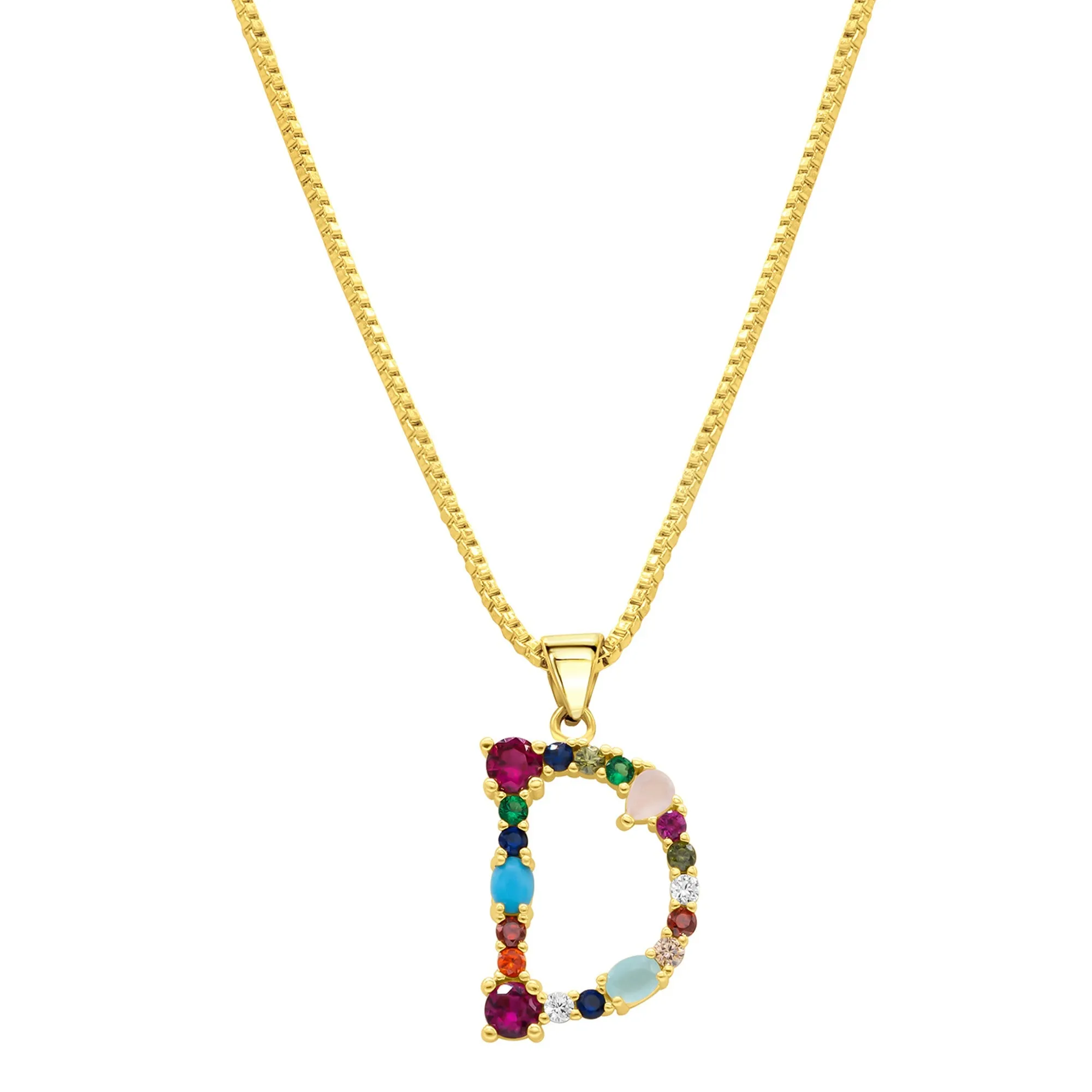 14K Gold Plated Multi Color Stone Initial Necklace