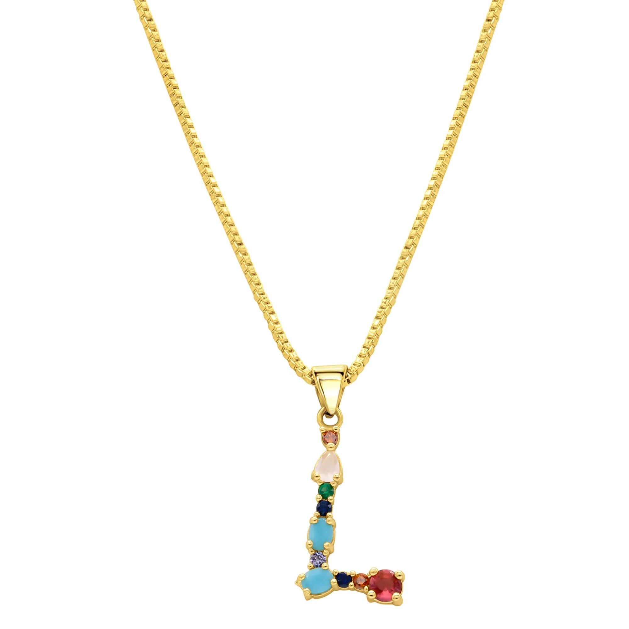 14K Gold Plated Multi Color Stone Initial Necklace