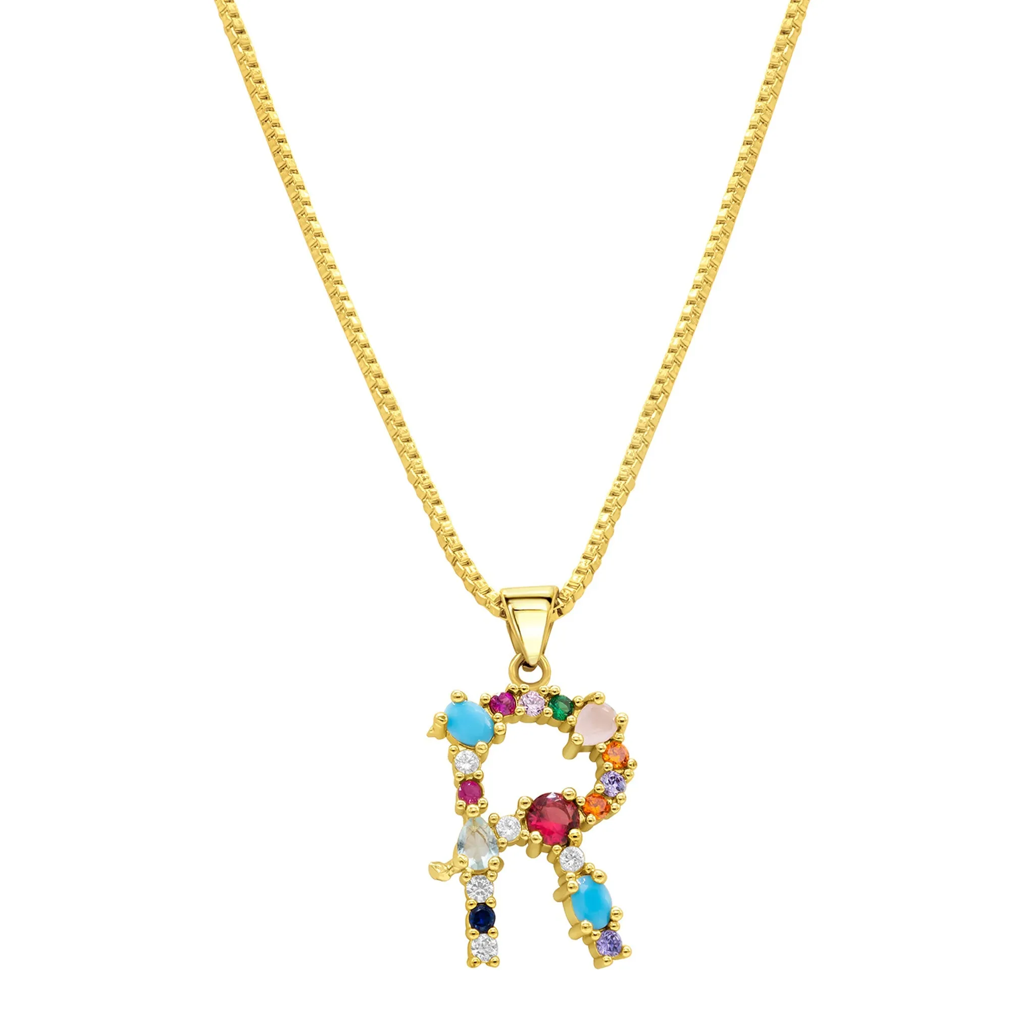 14K Gold Plated Multi Color Stone Initial Necklace