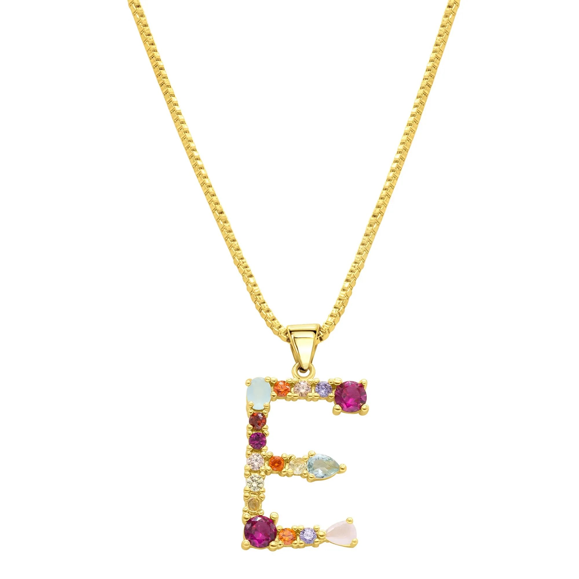 14K Gold Plated Multi Color Stone Initial Necklace