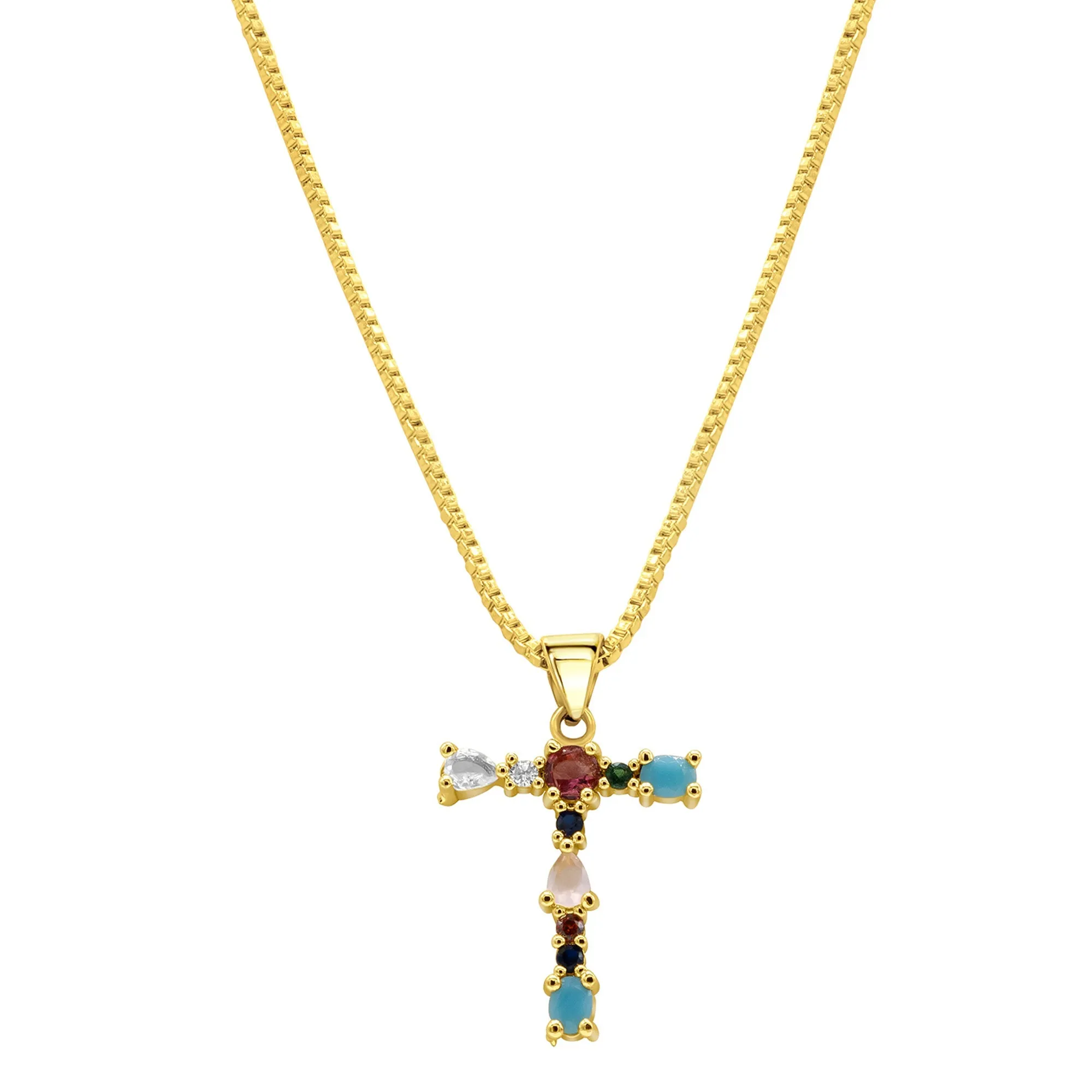14K Gold Plated Multi Color Stone Initial Necklace