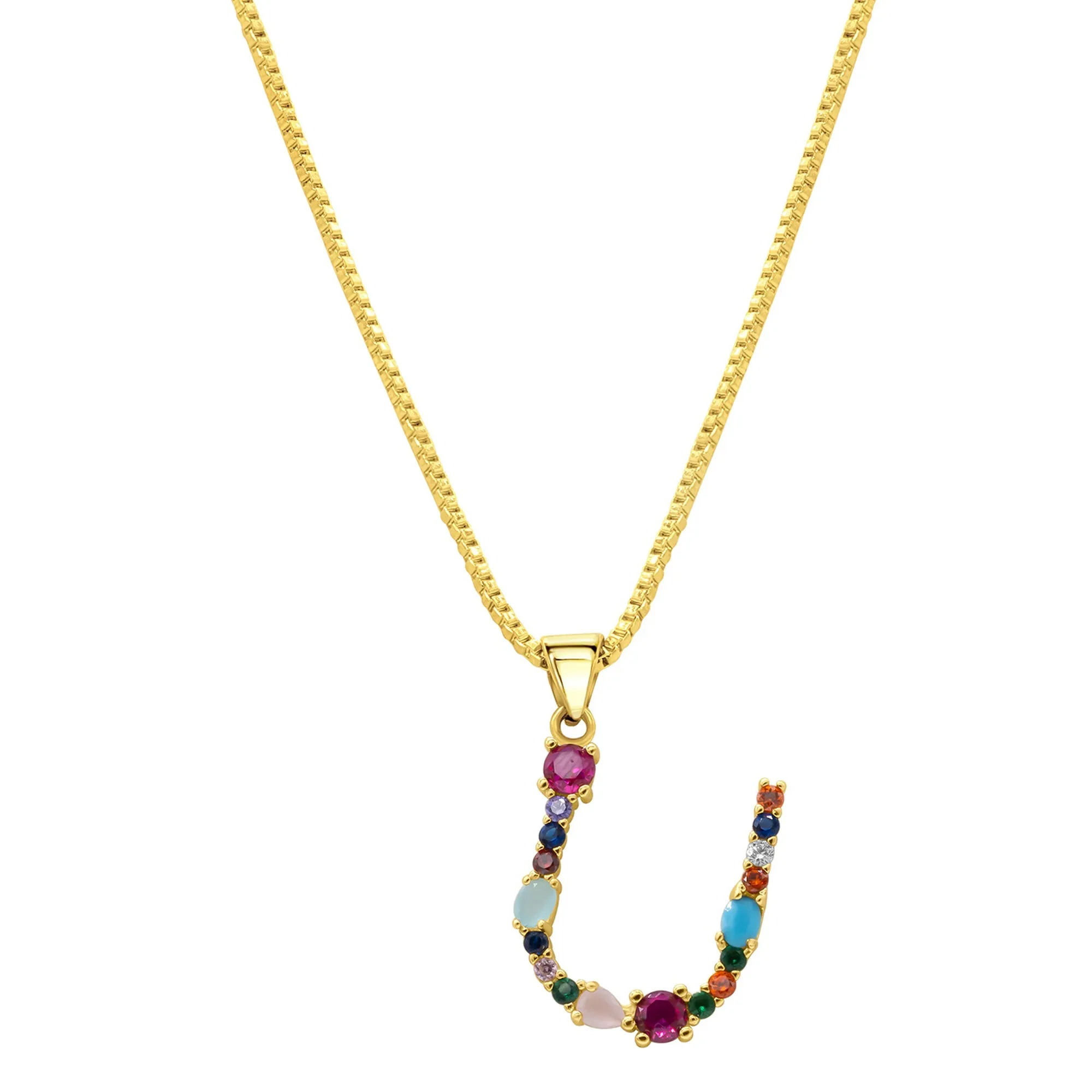 14K Gold Plated Multi Color Stone Initial Necklace