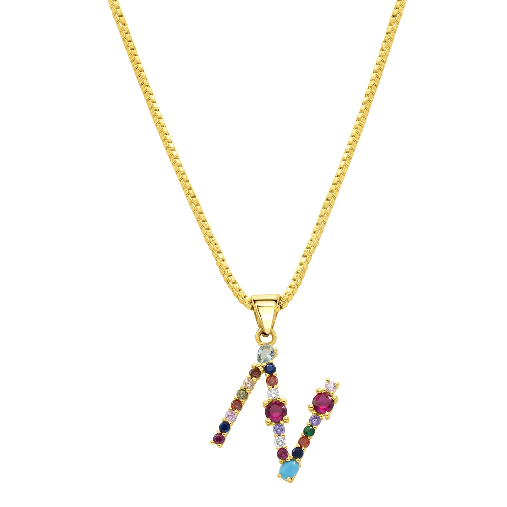 14K Gold Plated Multi Color Stone Initial Necklace