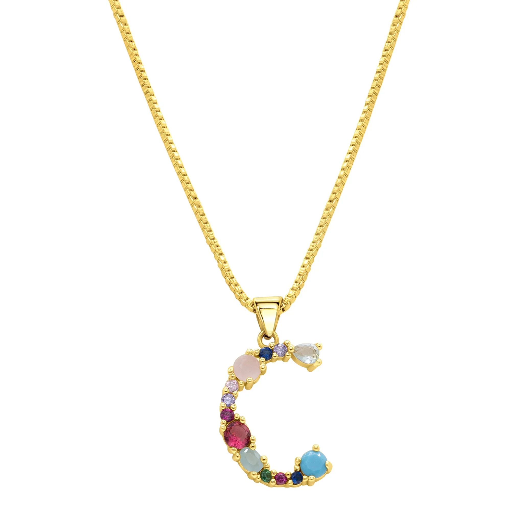 14K Gold Plated Multi Color Stone Initial Necklace