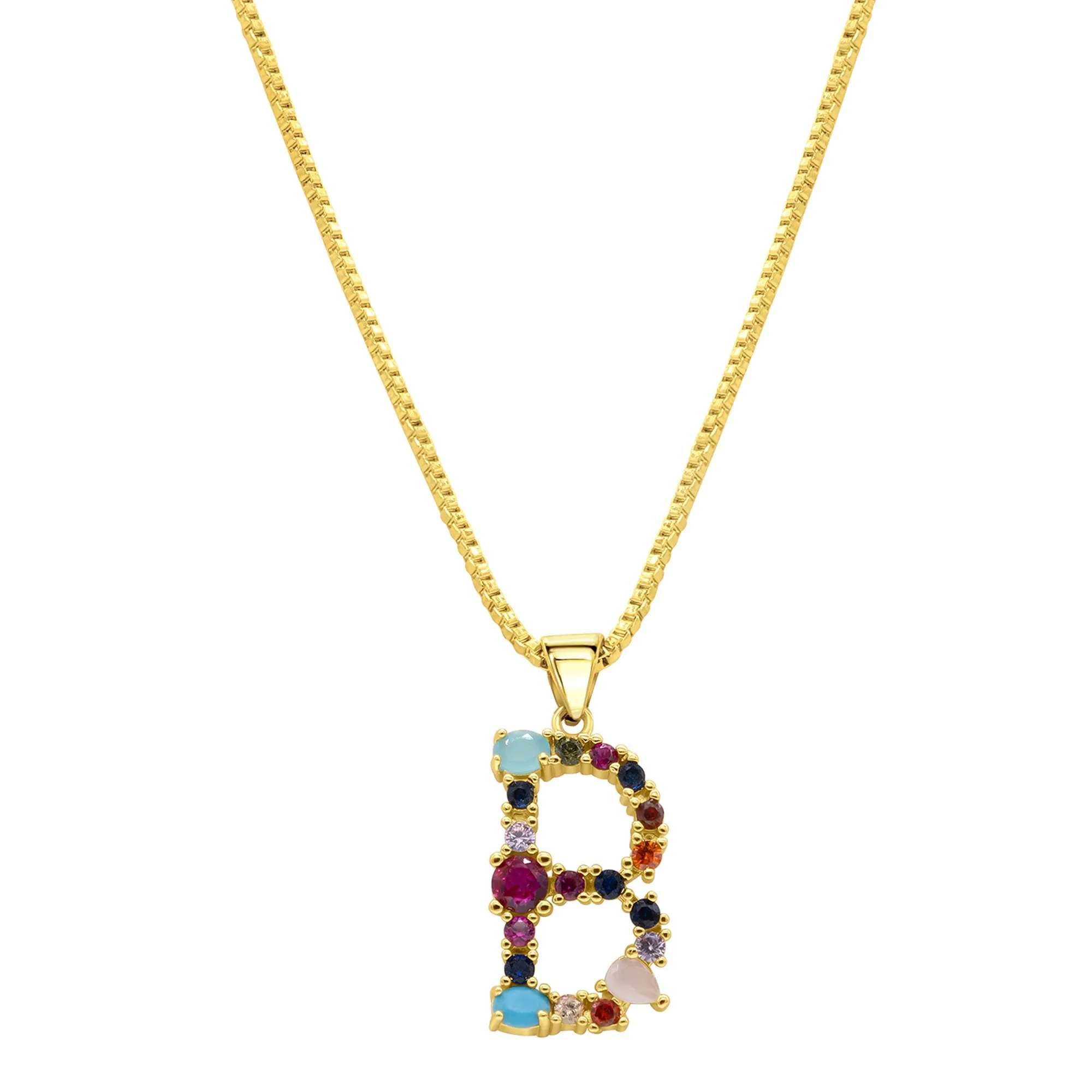 14K Gold Plated Multi Color Stone Initial Necklace