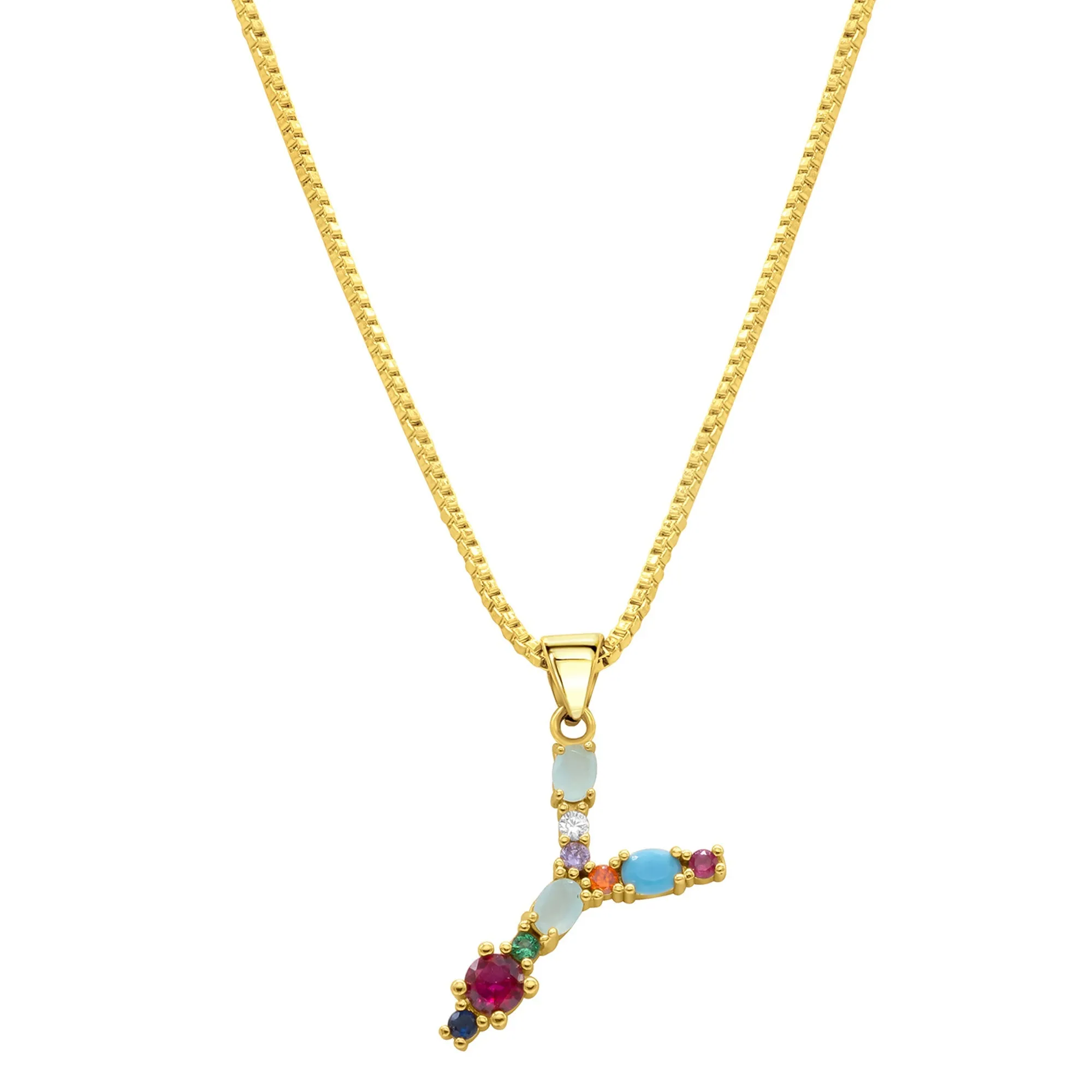 14K Gold Plated Multi Color Stone Initial Necklace