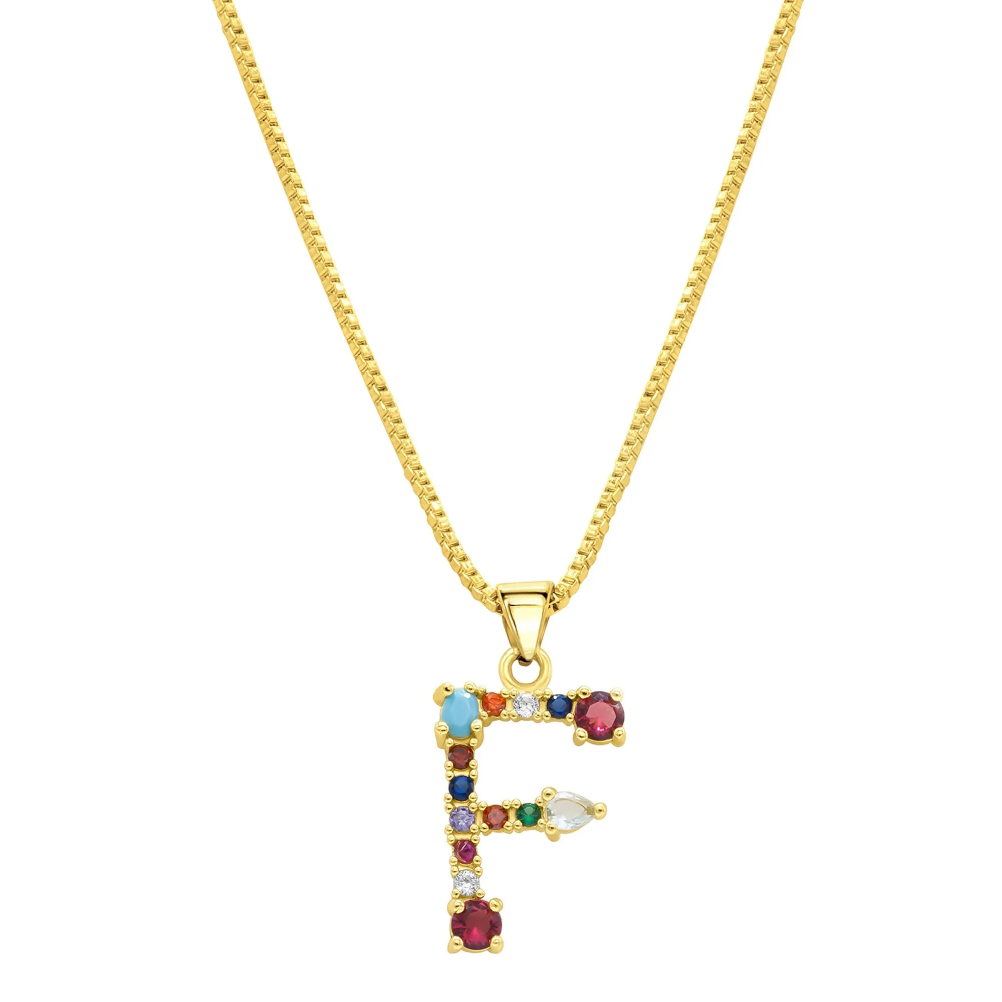 14K Gold Plated Multi Color Stone Initial Necklace