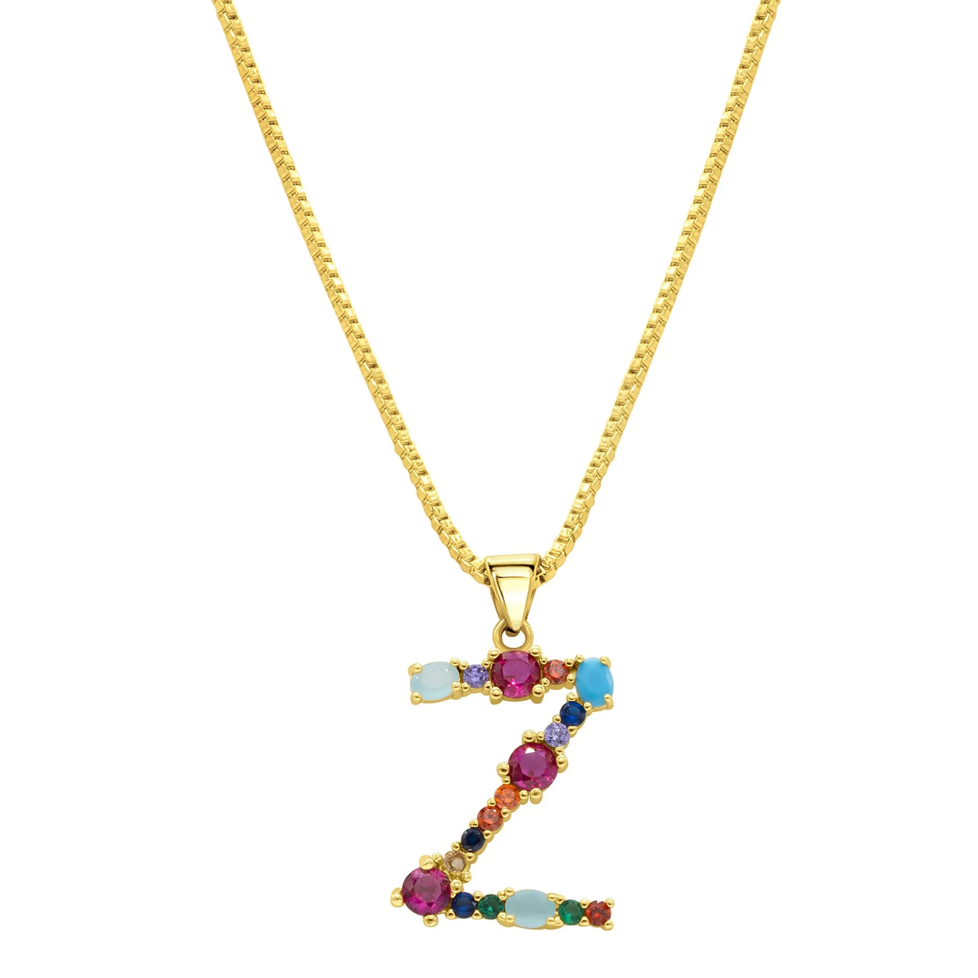 14K Gold Plated Multi Color Stone Initial Necklace