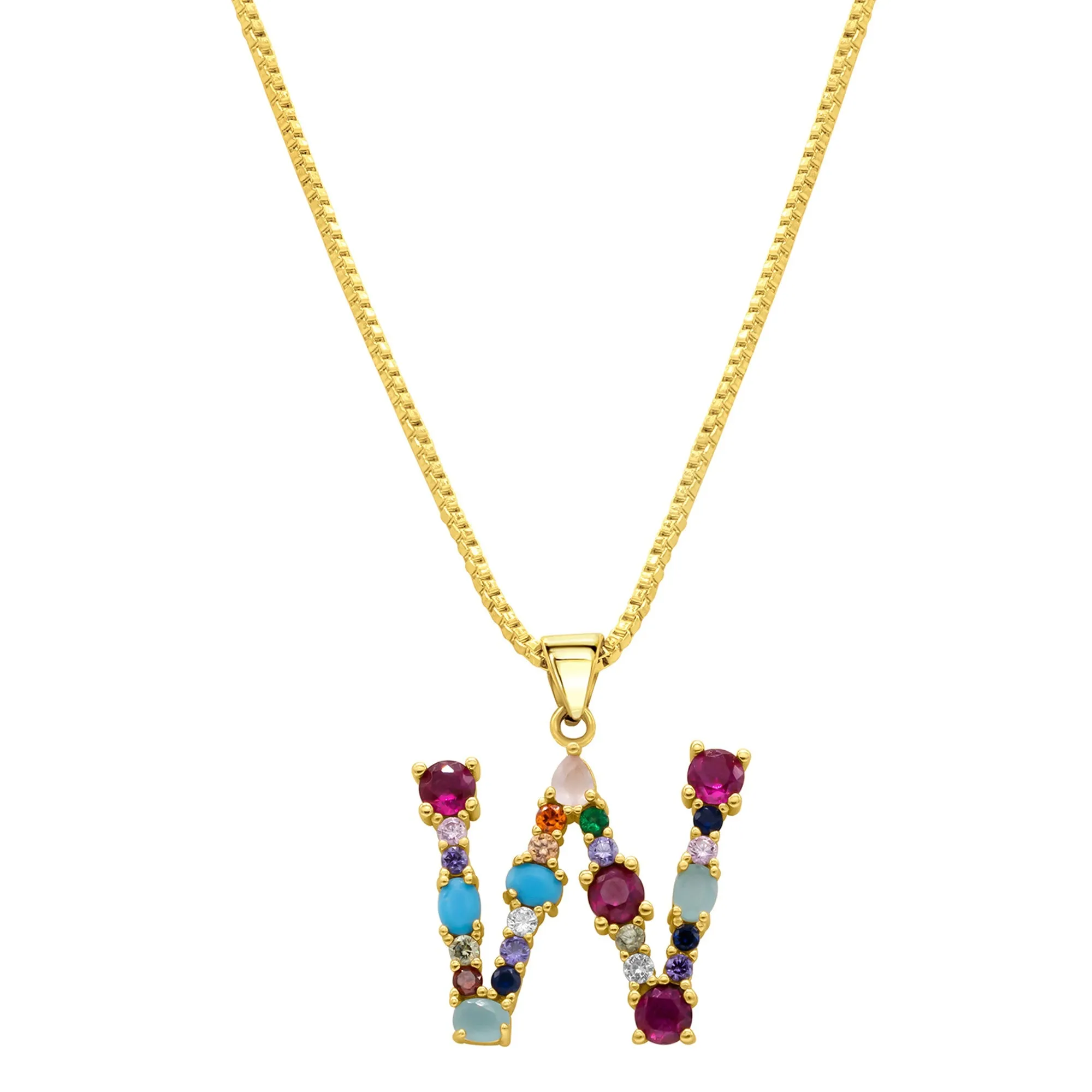 14K Gold Plated Multi Color Stone Initial Necklace