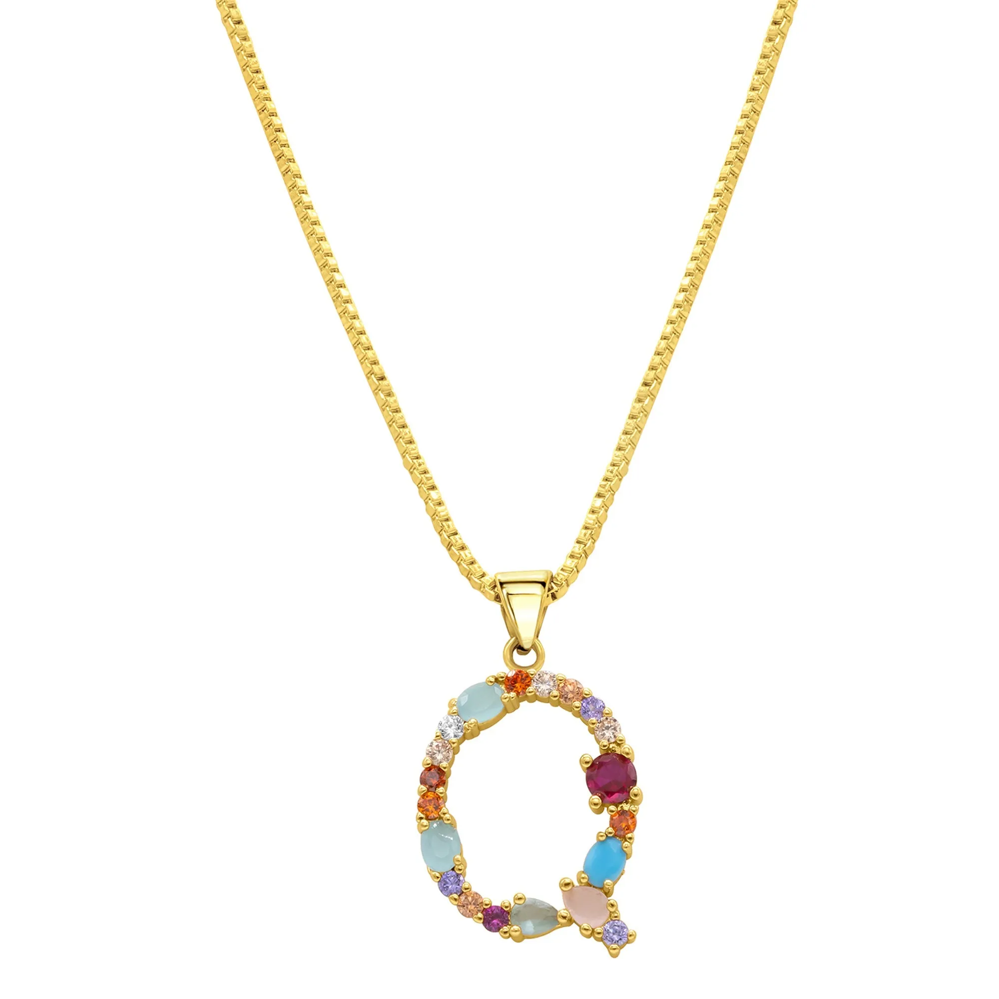 14K Gold Plated Multi Color Stone Initial Necklace