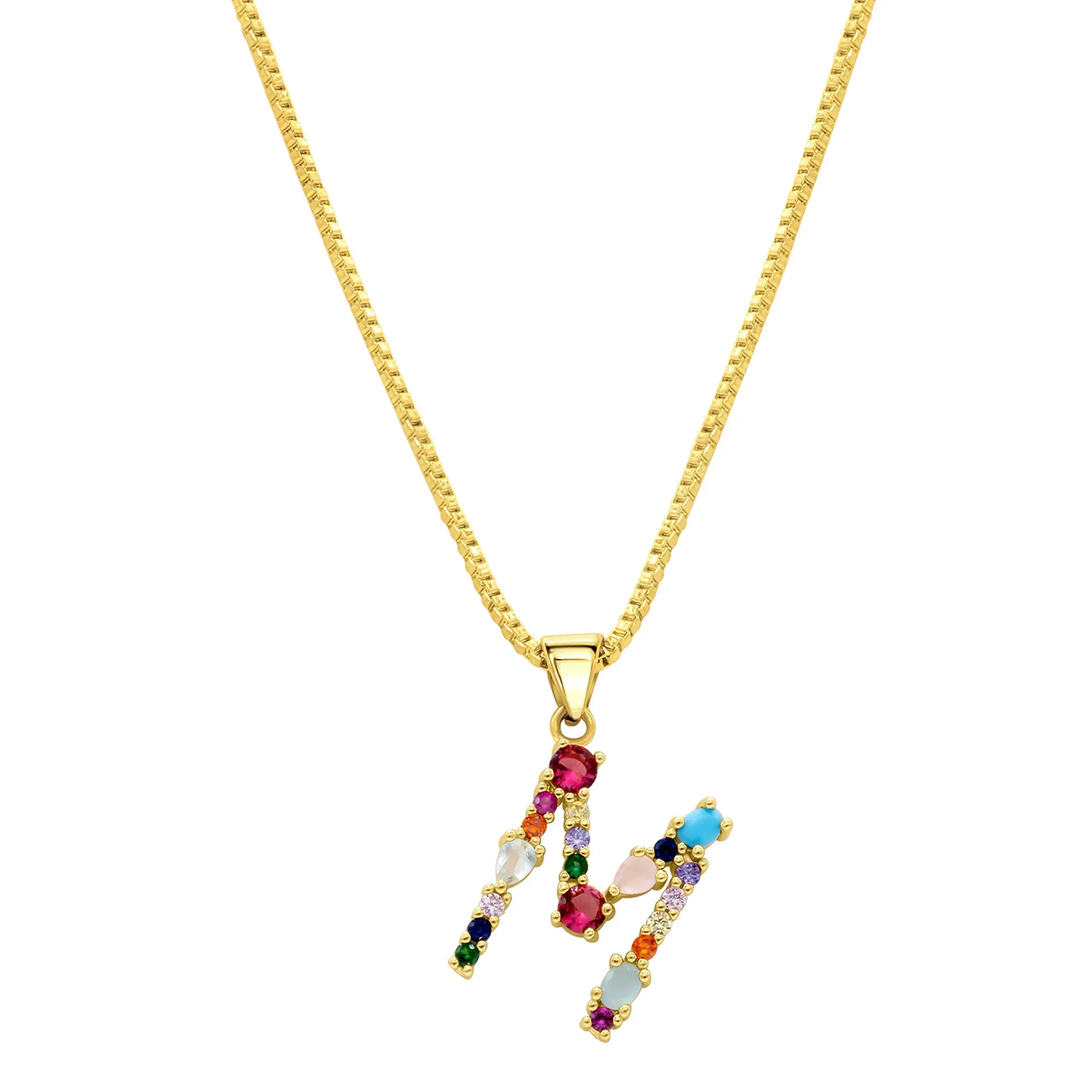 14K Gold Plated Multi Color Stone Initial Necklace