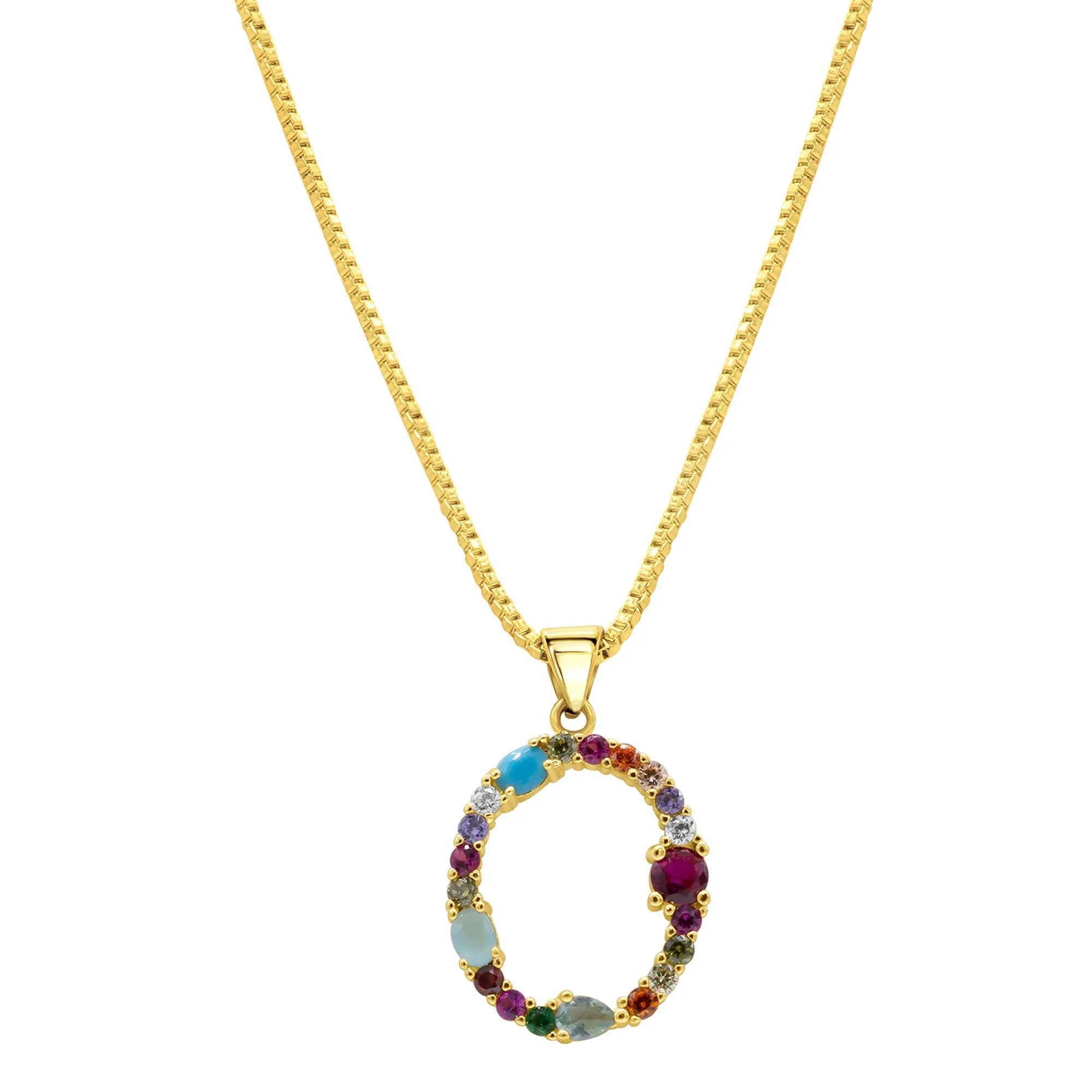 14K Gold Plated Multi Color Stone Initial Necklace