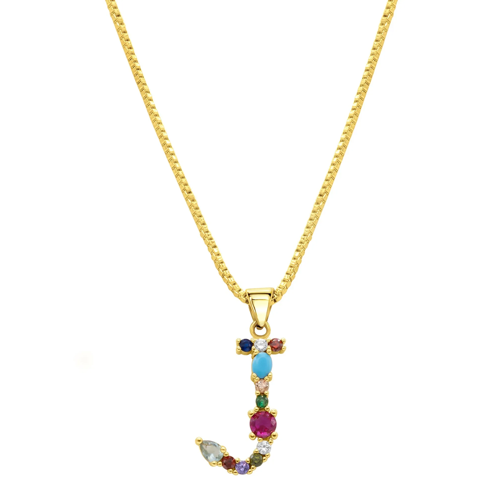 14K Gold Plated Multi Color Stone Initial Necklace