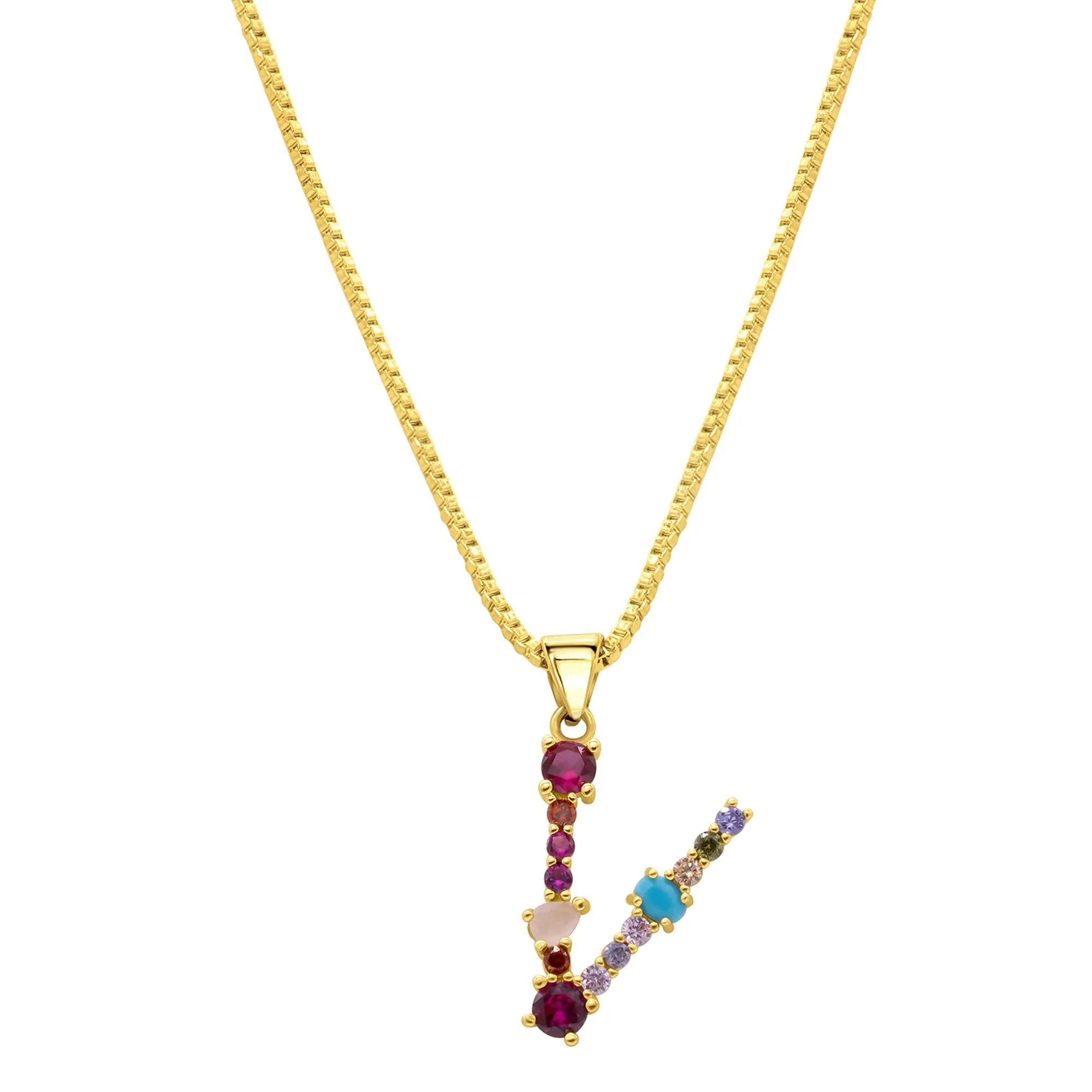 14K Gold Plated Multi Color Stone Initial Necklace