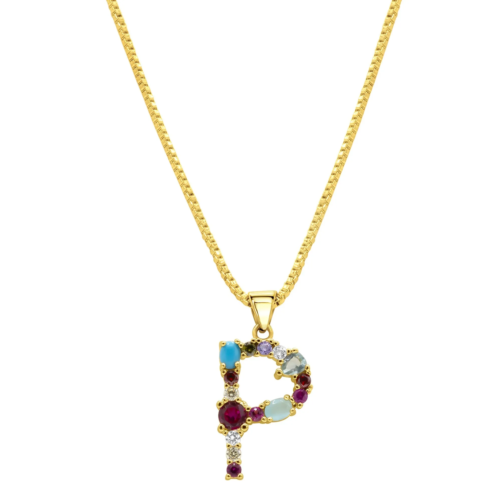 14K Gold Plated Multi Color Stone Initial Necklace