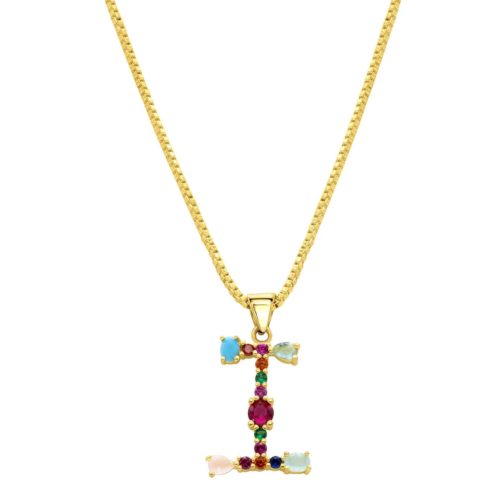 14K Gold Plated Multi Color Stone Initial Necklace