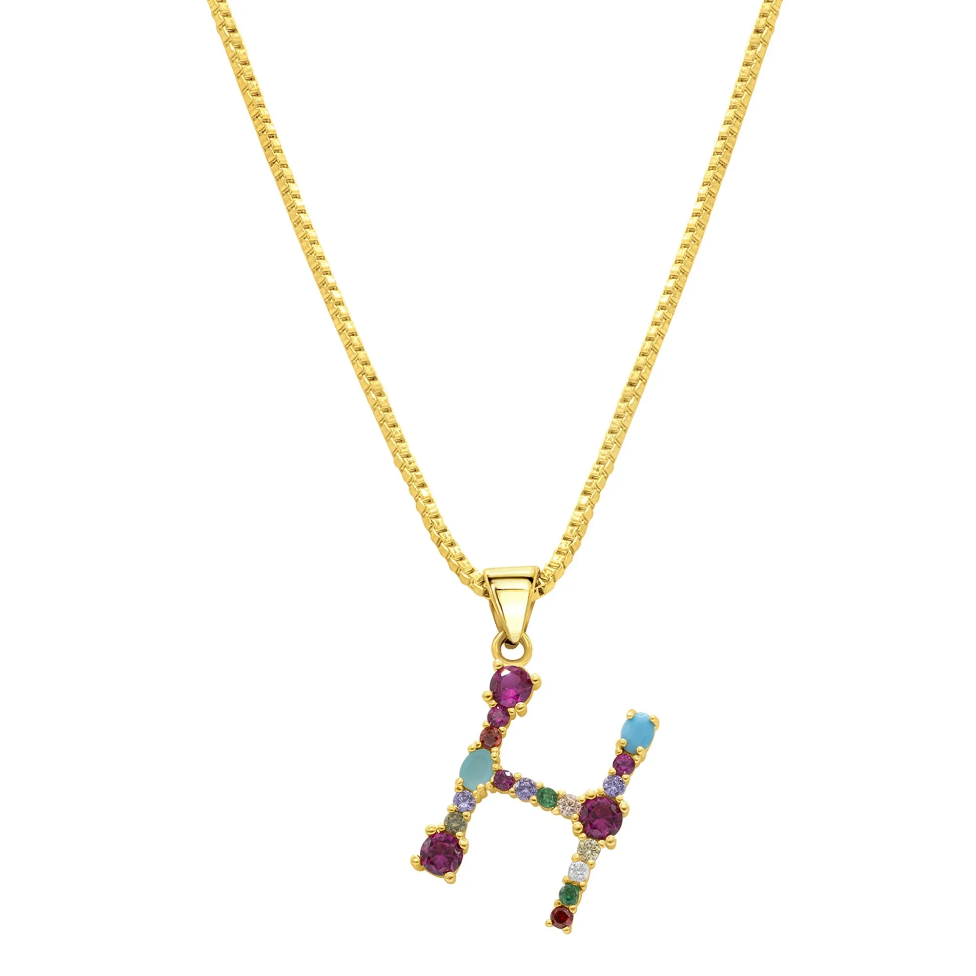 14K Gold Plated Multi Color Stone Initial Necklace