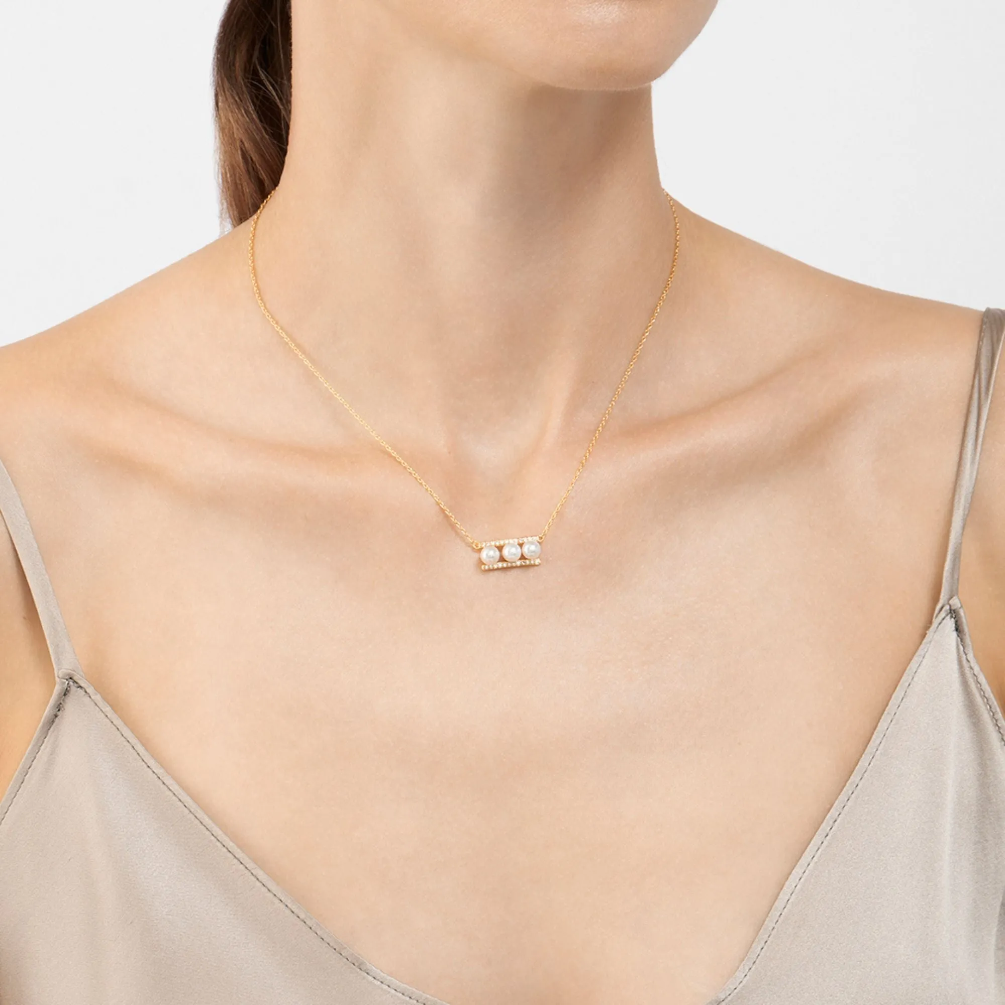 14k Gold Plated Pearl Bar Pendant Necklace