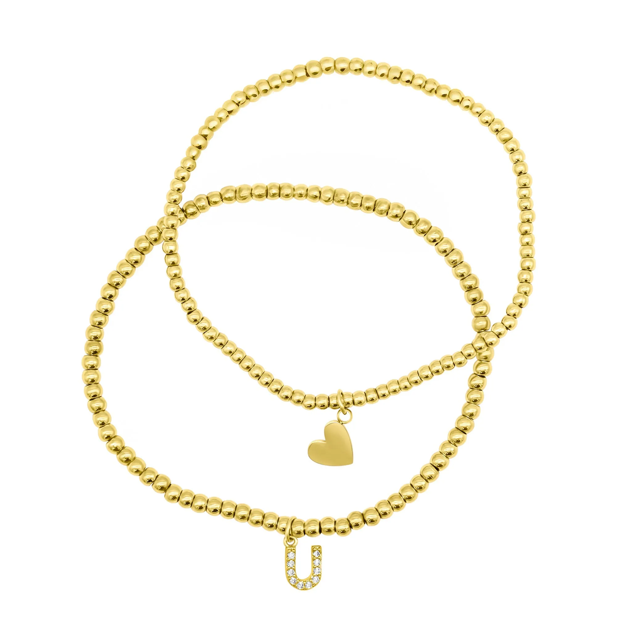 14K Gold Plated Stretch Bracelet Set With Mini Crystal Initial