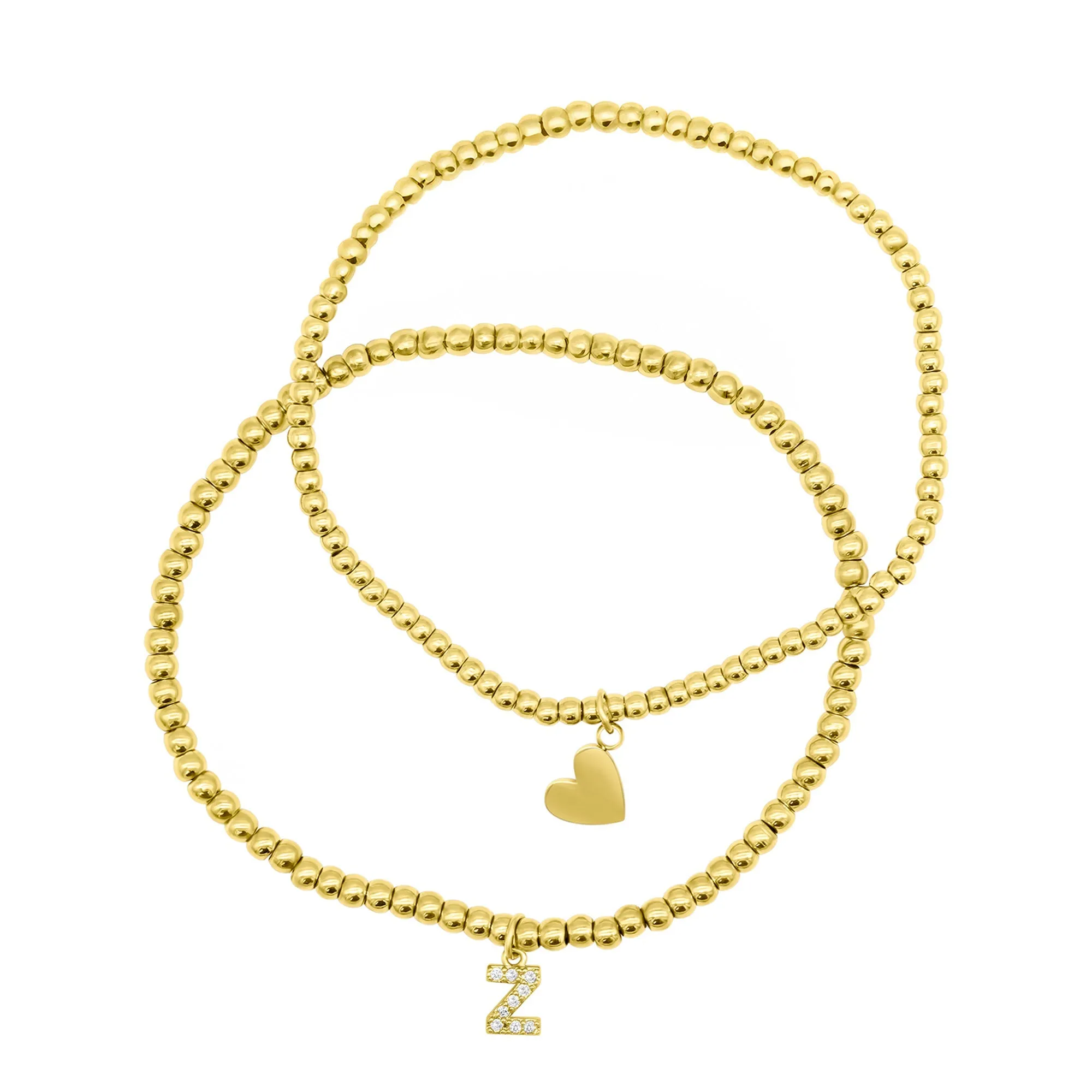 14K Gold Plated Stretch Bracelet Set With Mini Crystal Initial