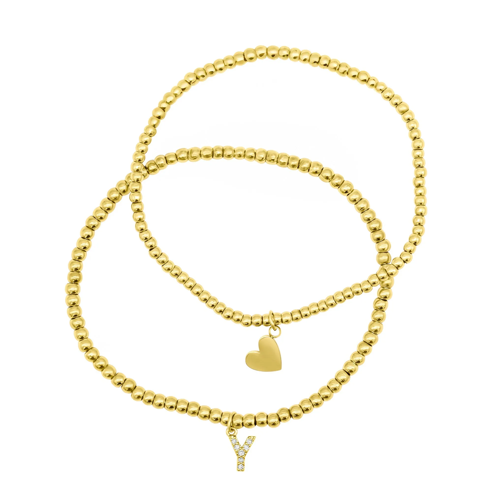 14K Gold Plated Stretch Bracelet Set With Mini Crystal Initial