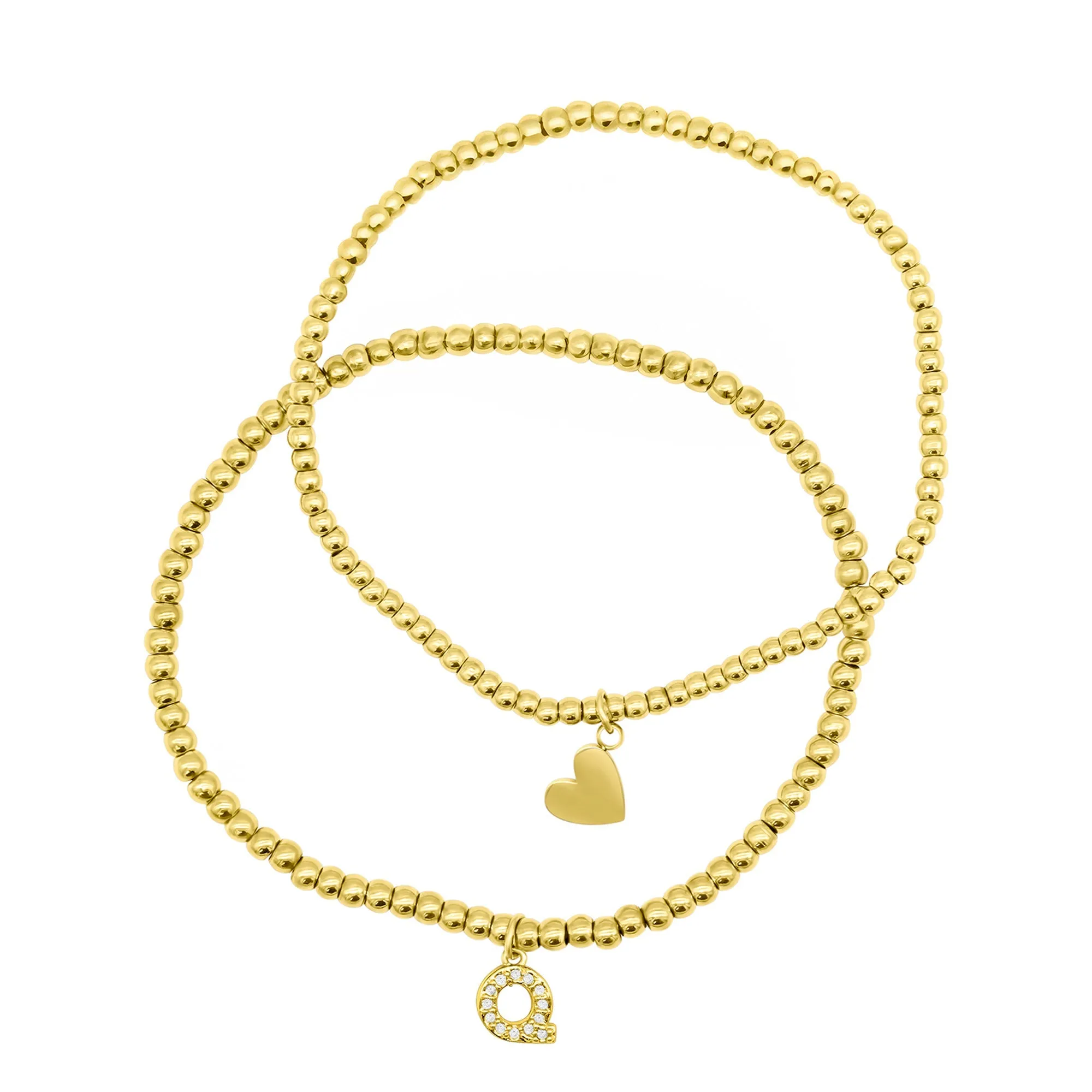 14K Gold Plated Stretch Bracelet Set With Mini Crystal Initial