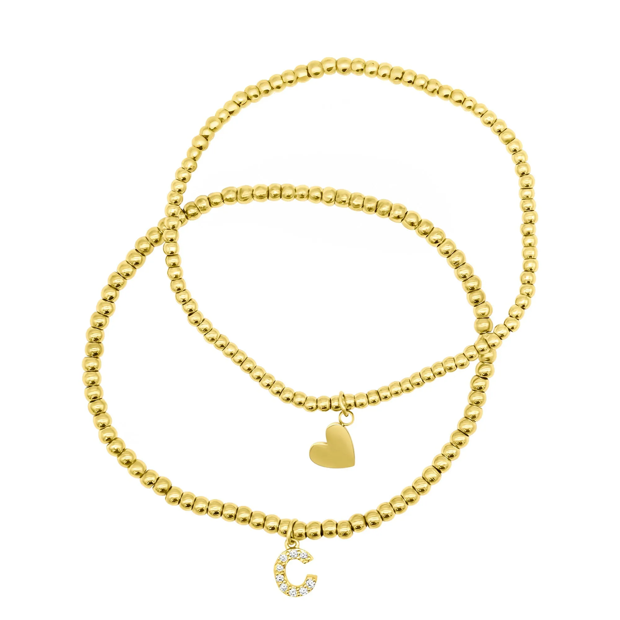 14K Gold Plated Stretch Bracelet Set With Mini Crystal Initial