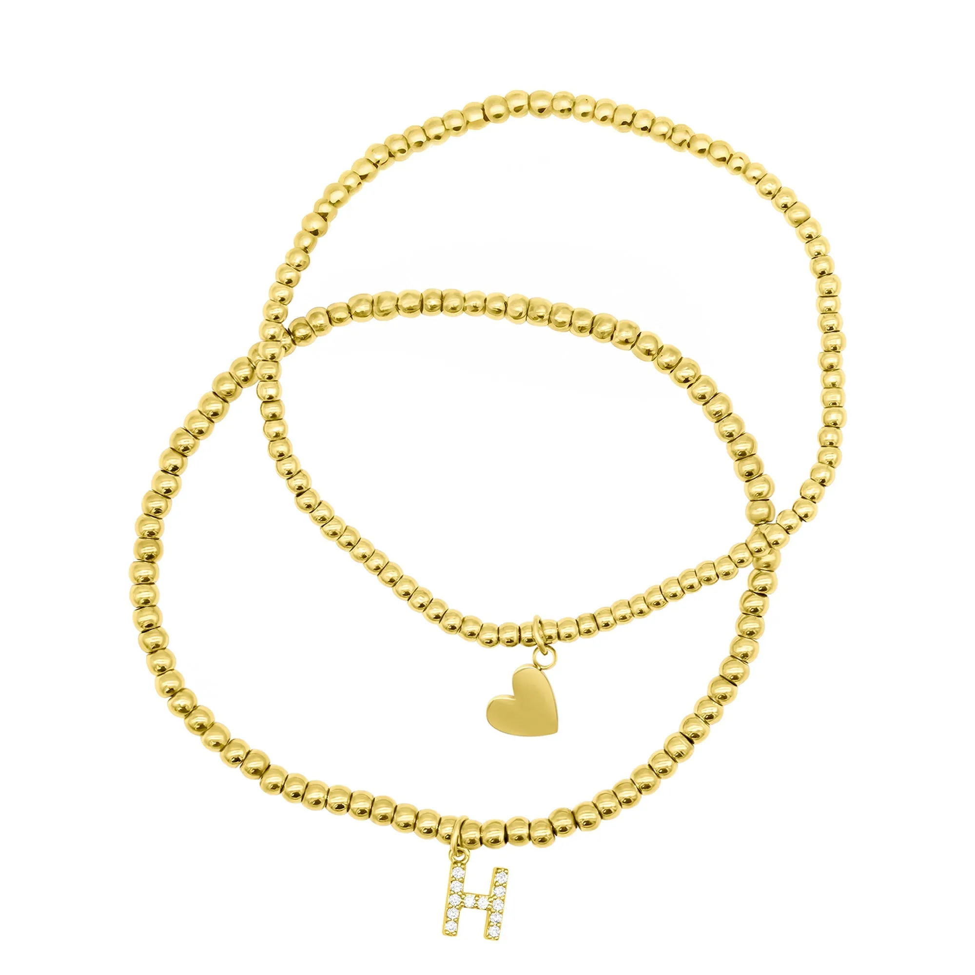 14K Gold Plated Stretch Bracelet Set With Mini Crystal Initial