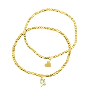 14K Gold Plated Stretch Bracelet Set With Mini Crystal Initial