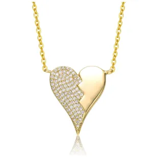 14k Yellow Gold Plated with Cubic Zirconia Broken Cracked Zig-Zag Half & Half Stolen Heart Pendant Necklace