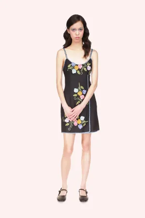 3-D Pansy Embroidered on Linen Dress Annasui