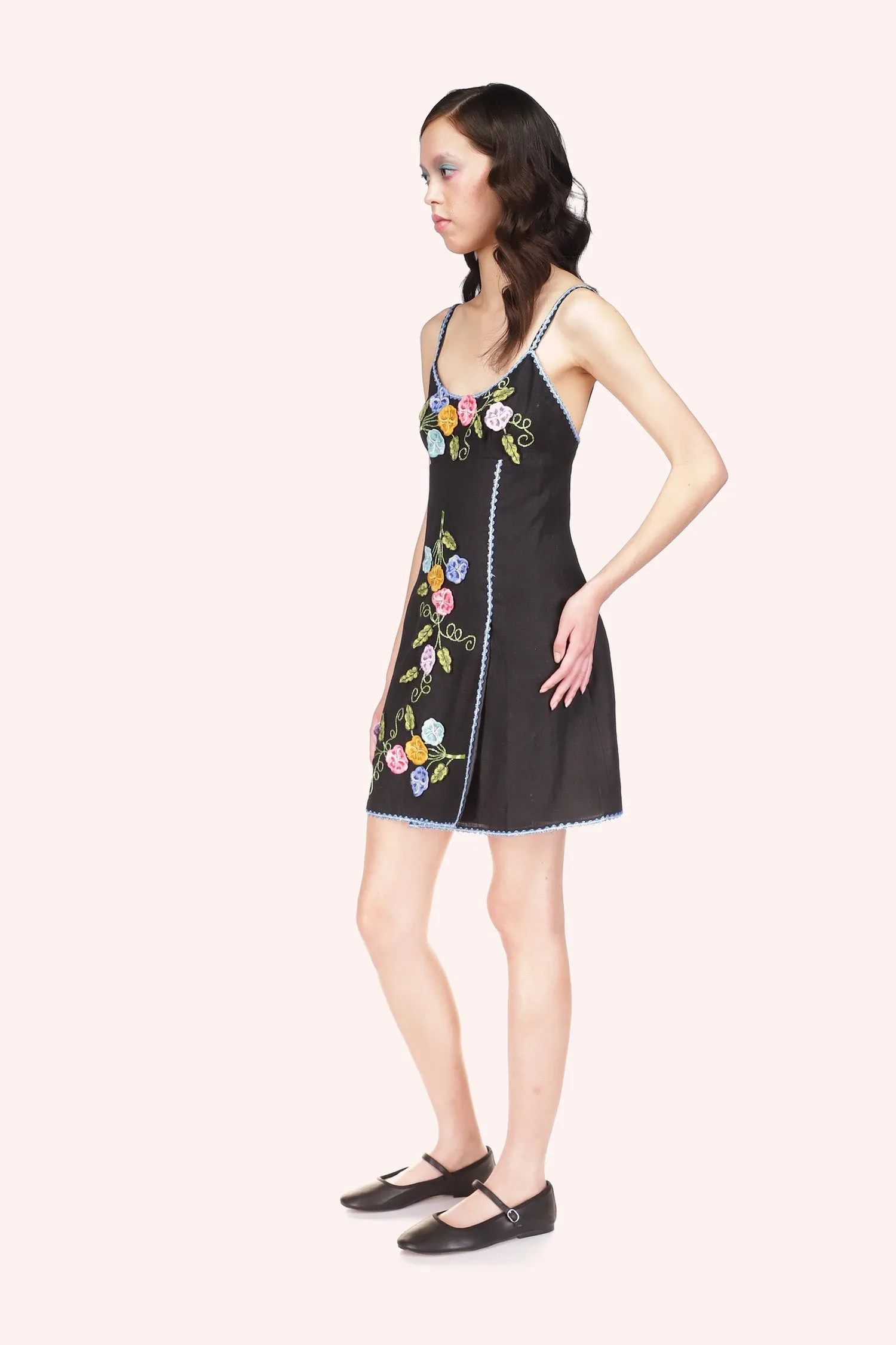 3-D Pansy Embroidered on Linen Dress Annasui