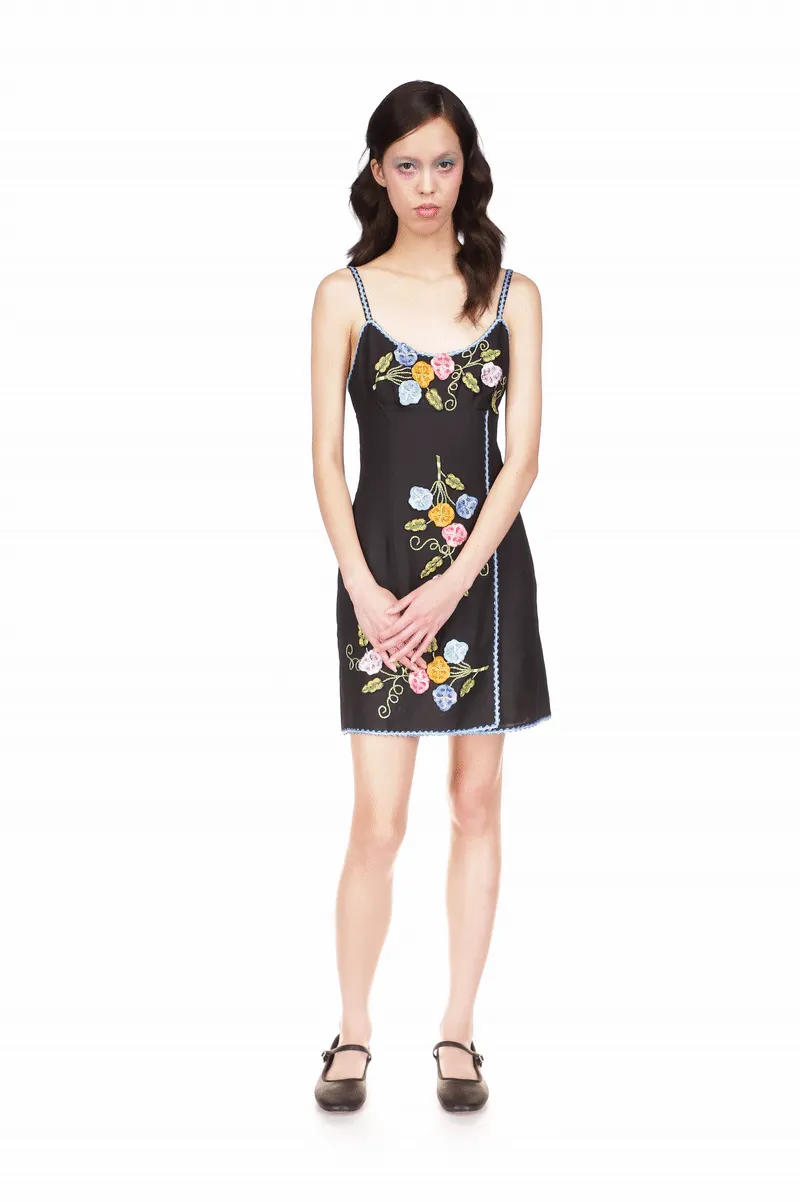 3-D Pansy Embroidered on Linen Dress Annasui