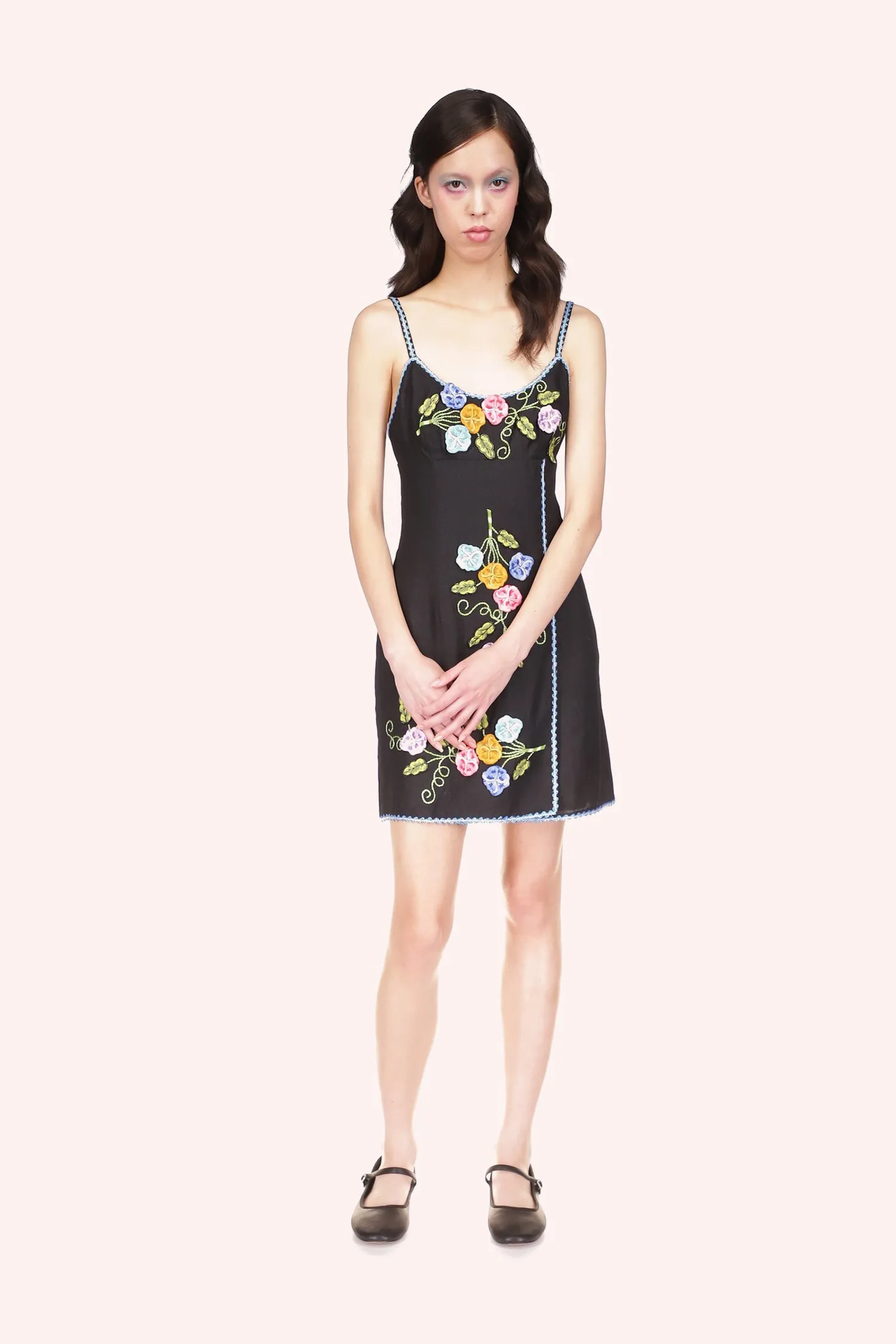 3-D Pansy Embroidered on Linen Dress Annasui