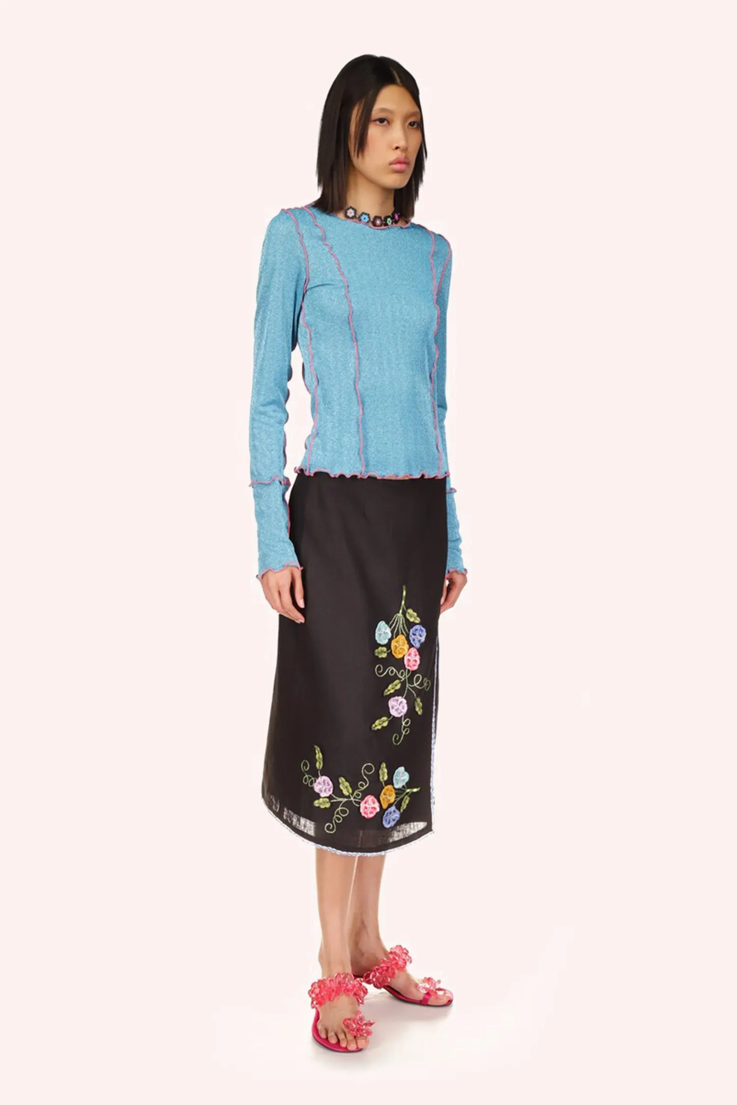 3-D Pansy Embroidered on Linen Skirt Annasui