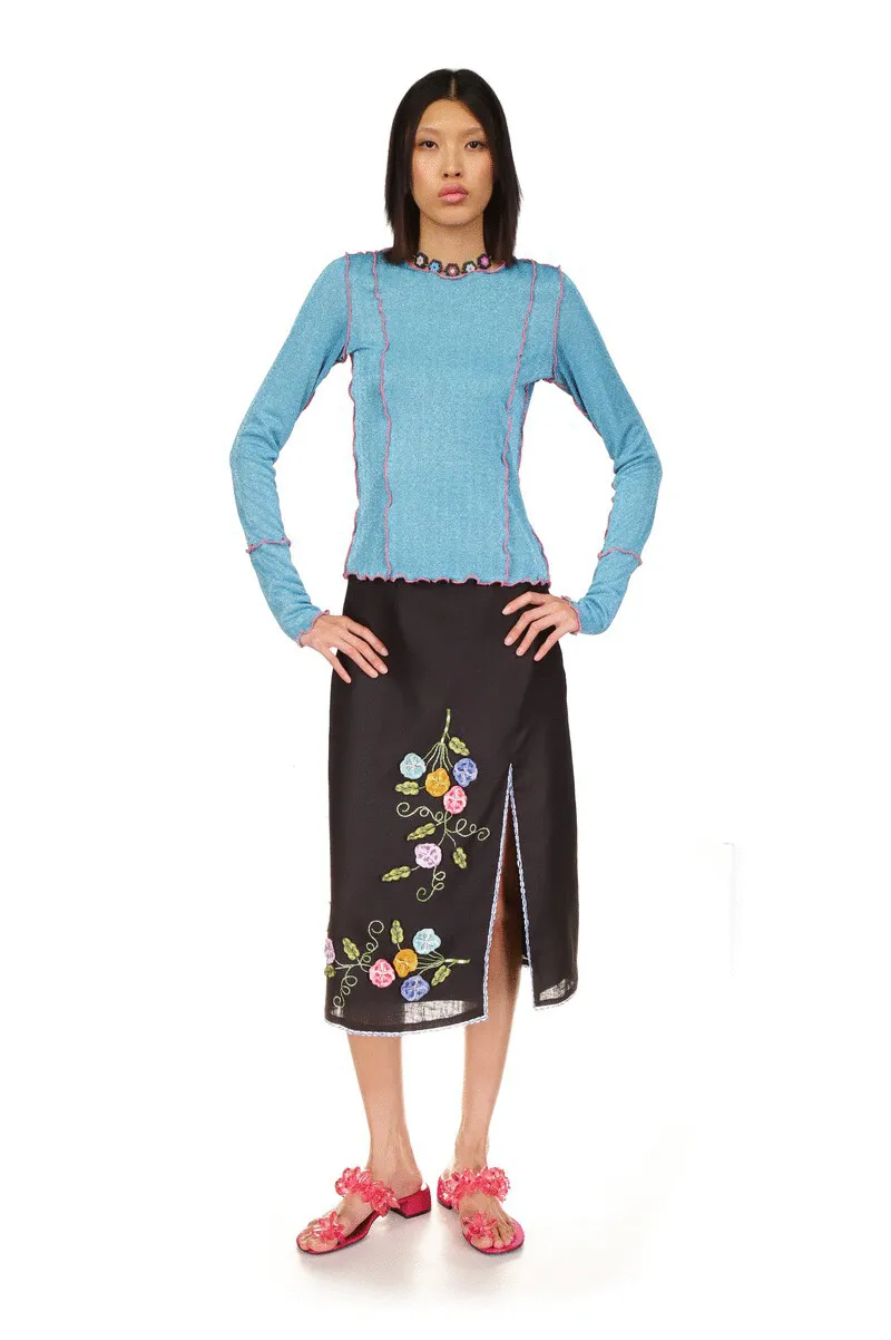3-D Pansy Embroidered on Linen Skirt Annasui