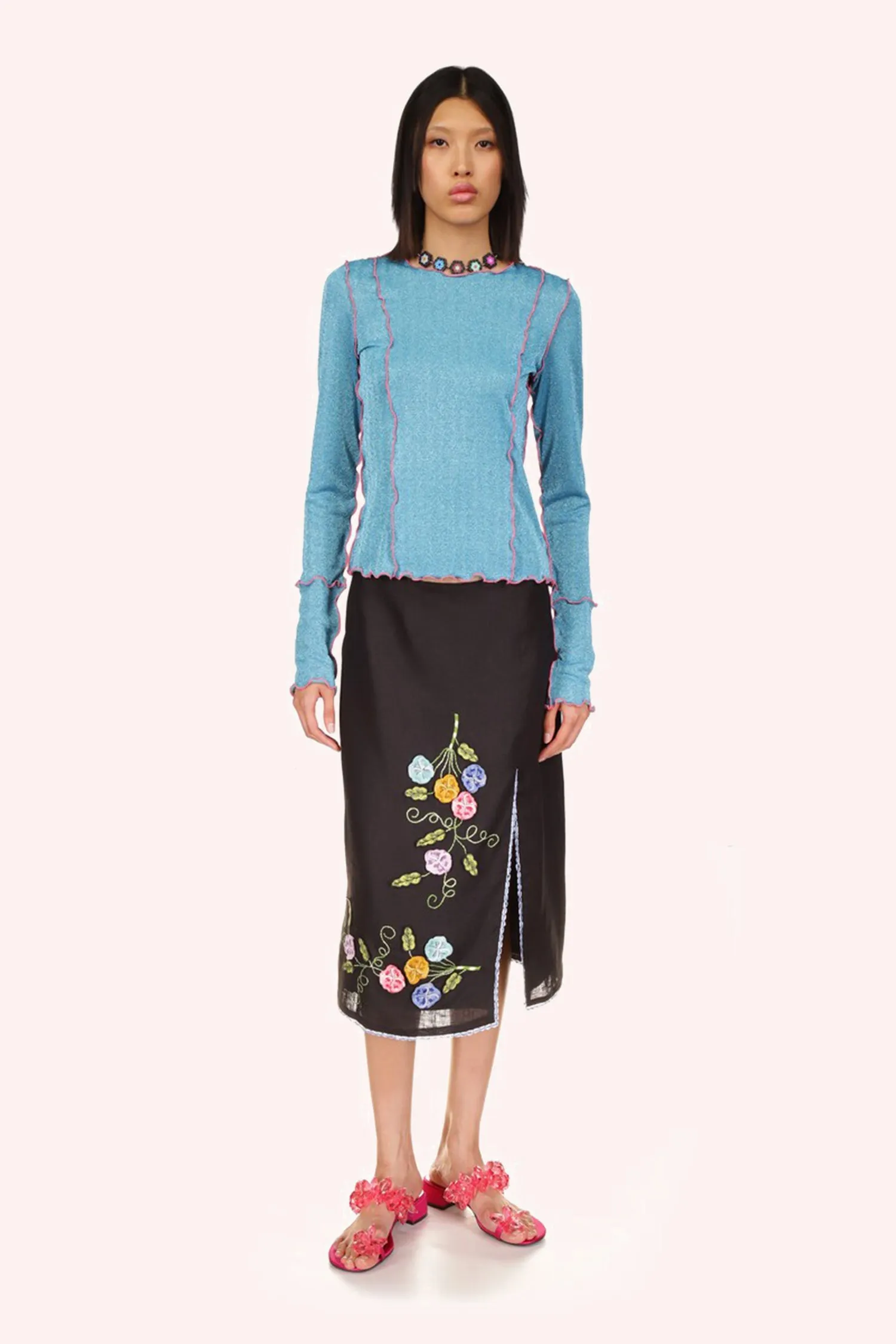 3-D Pansy Embroidered on Linen Skirt Annasui