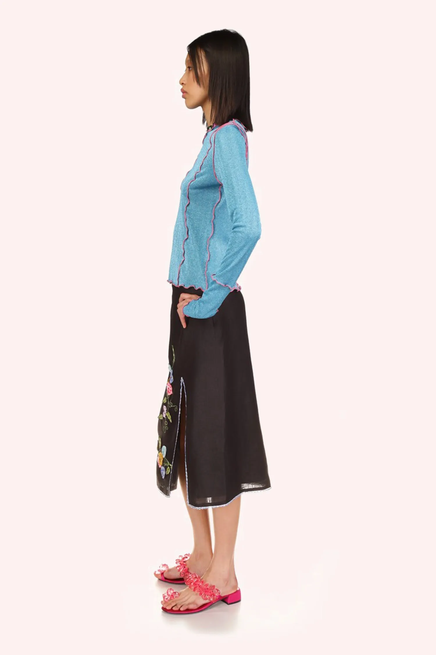 3-D Pansy Embroidered on Linen Skirt Annasui