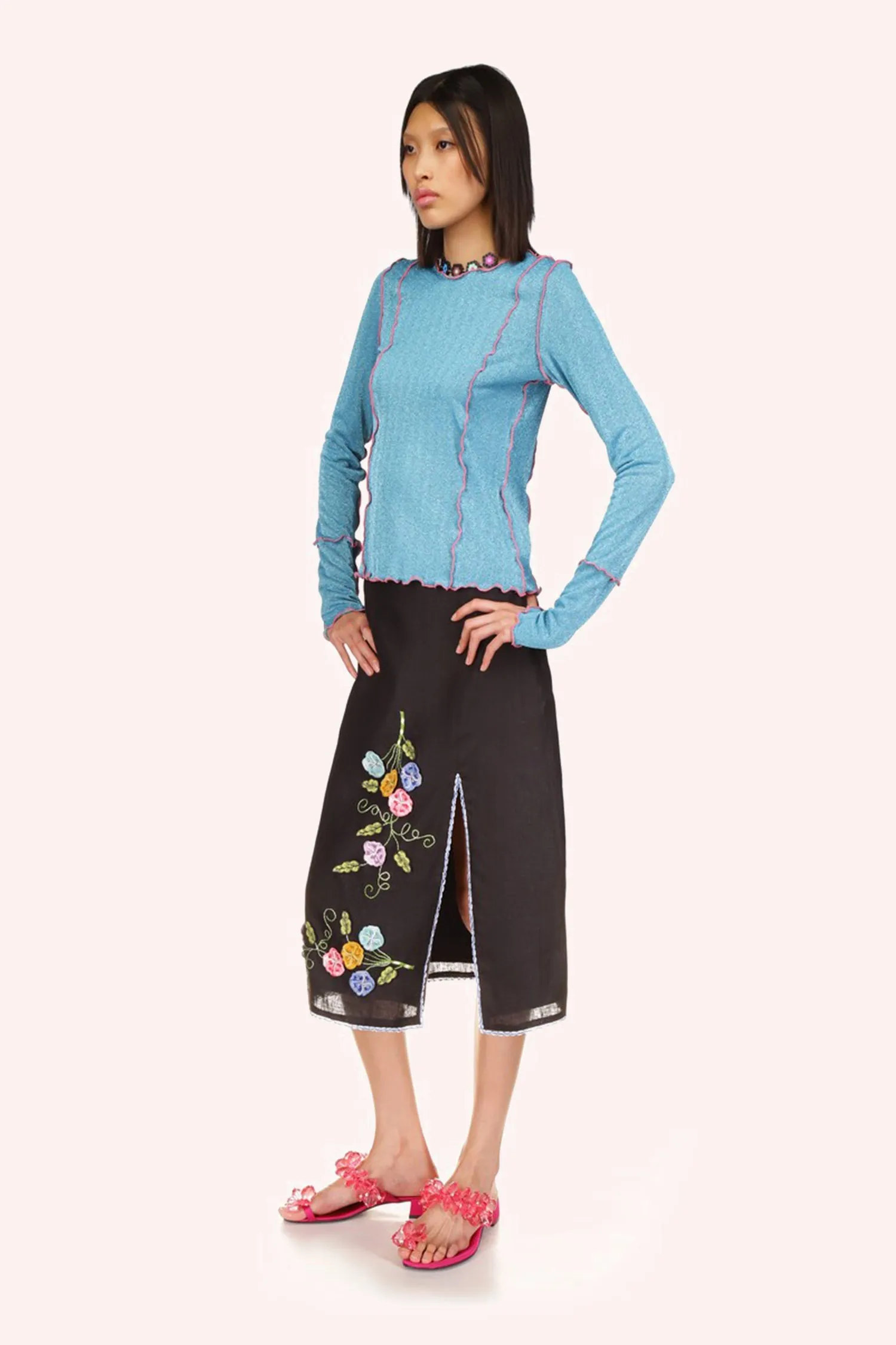 3-D Pansy Embroidered on Linen Skirt Annasui