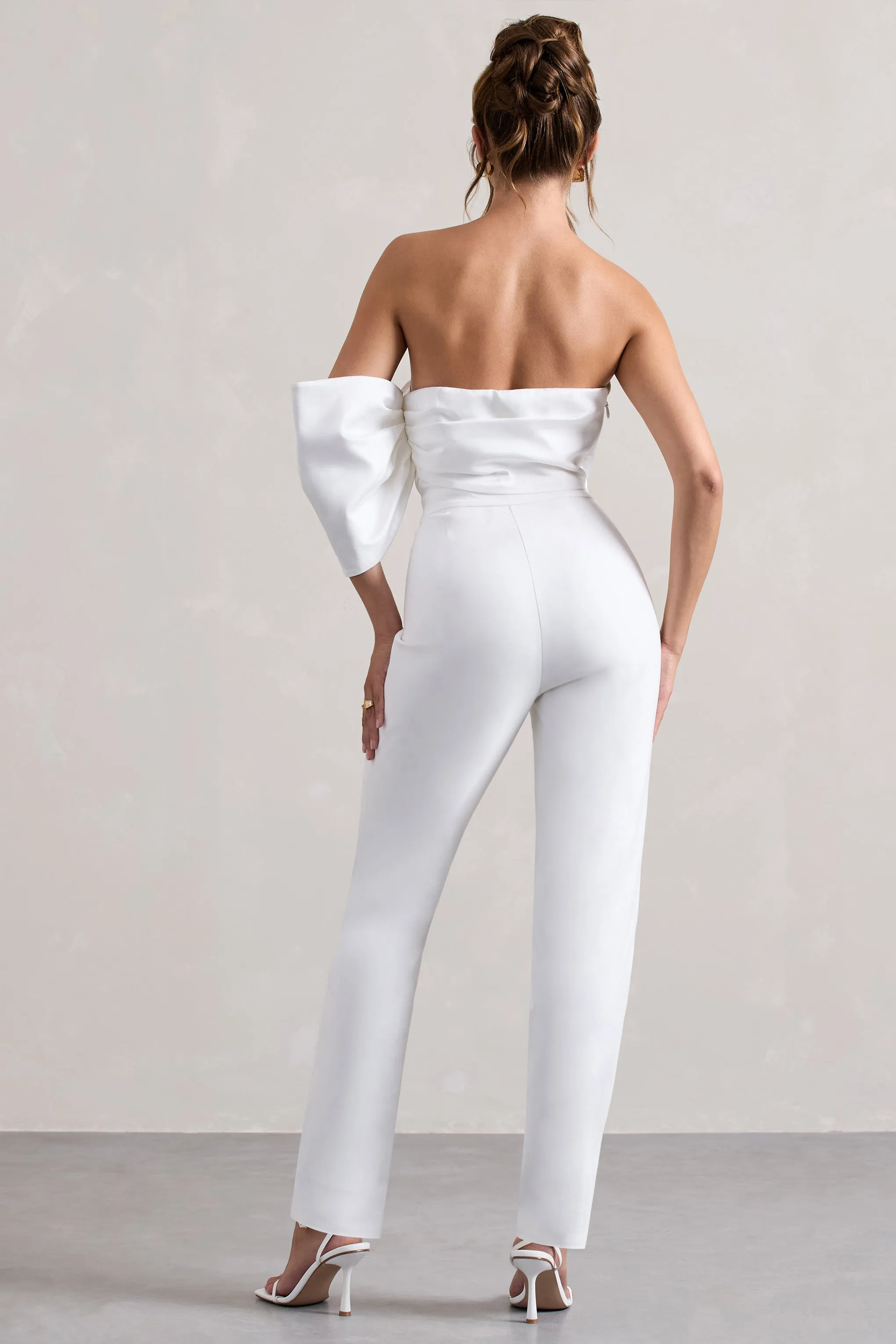 Adabella | White Satin Strapless One-Sleeve Straight-Leg Jumpsuit Club L London