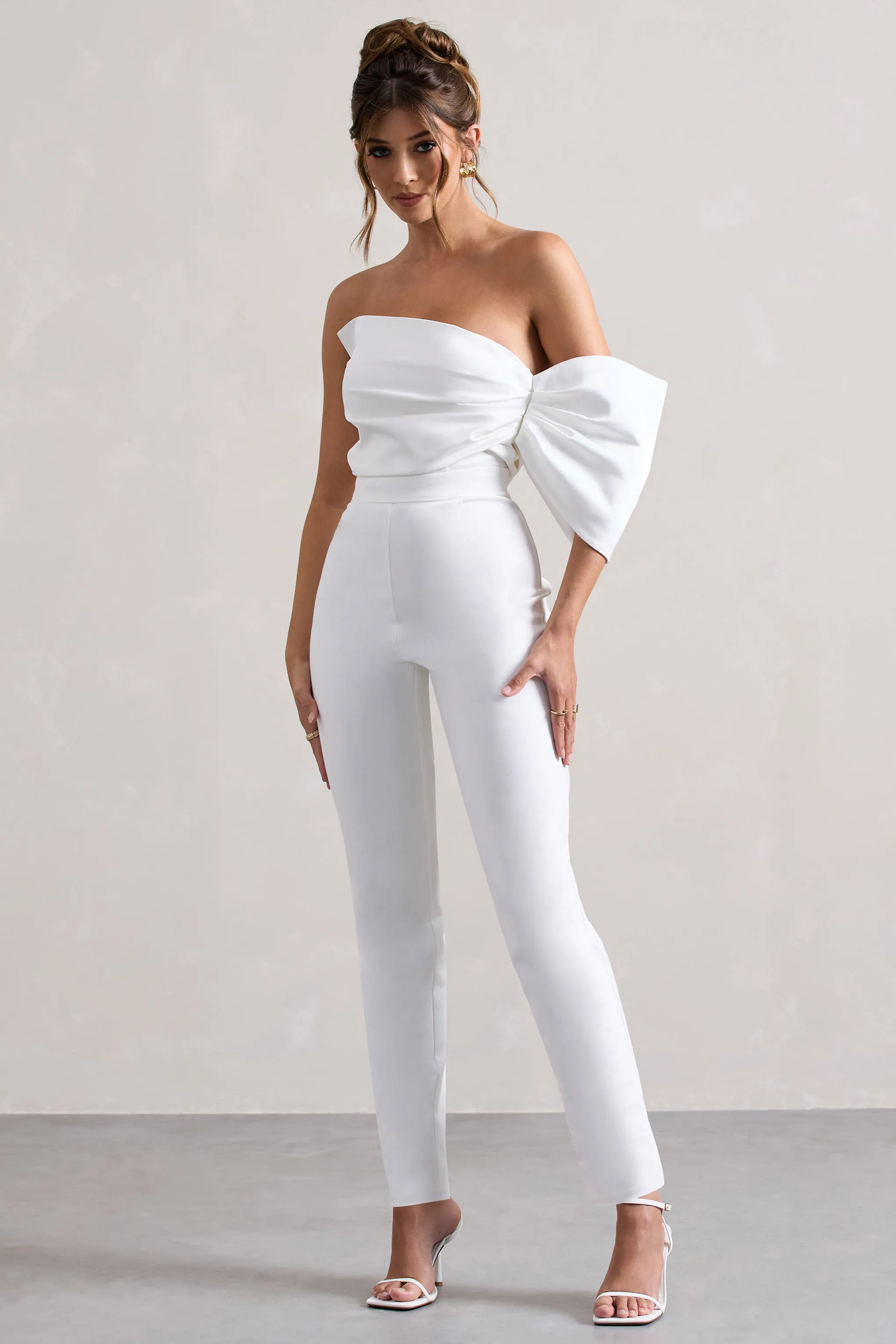 Adabella | White Satin Strapless One-Sleeve Straight-Leg Jumpsuit Club L London