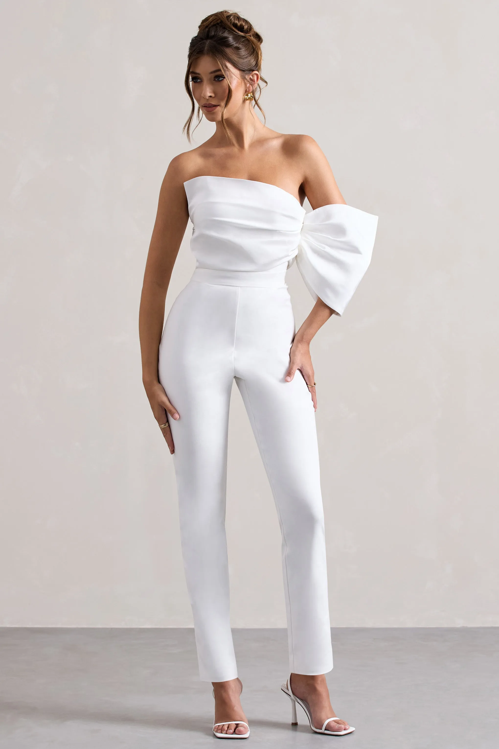 Adabella | White Satin Strapless One-Sleeve Straight-Leg Jumpsuit Club L London
