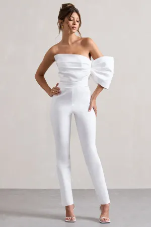 Adabella | White Satin Strapless One-Sleeve Straight-Leg Jumpsuit Club L London
