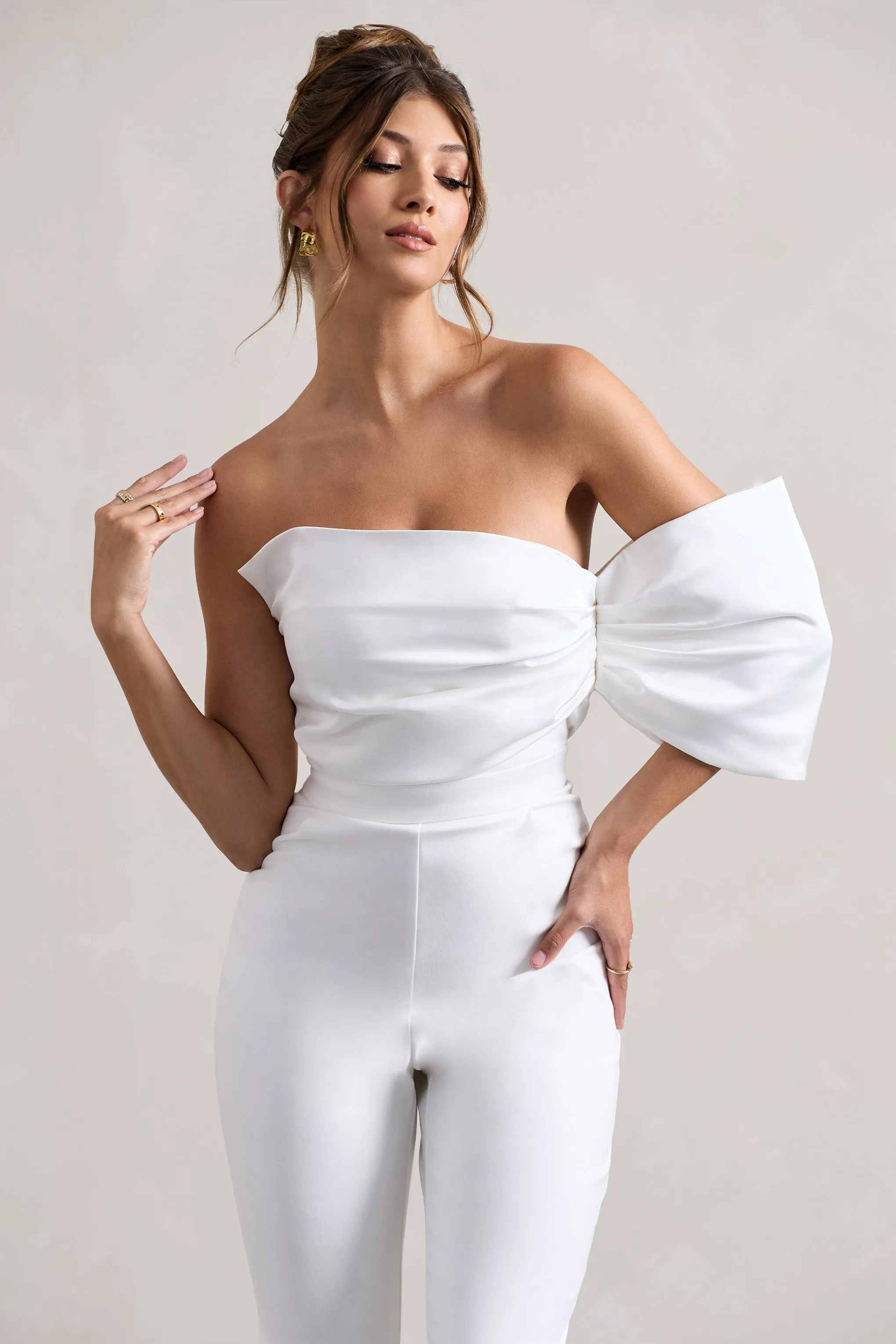 Adabella | White Satin Strapless One-Sleeve Straight-Leg Jumpsuit Club L London
