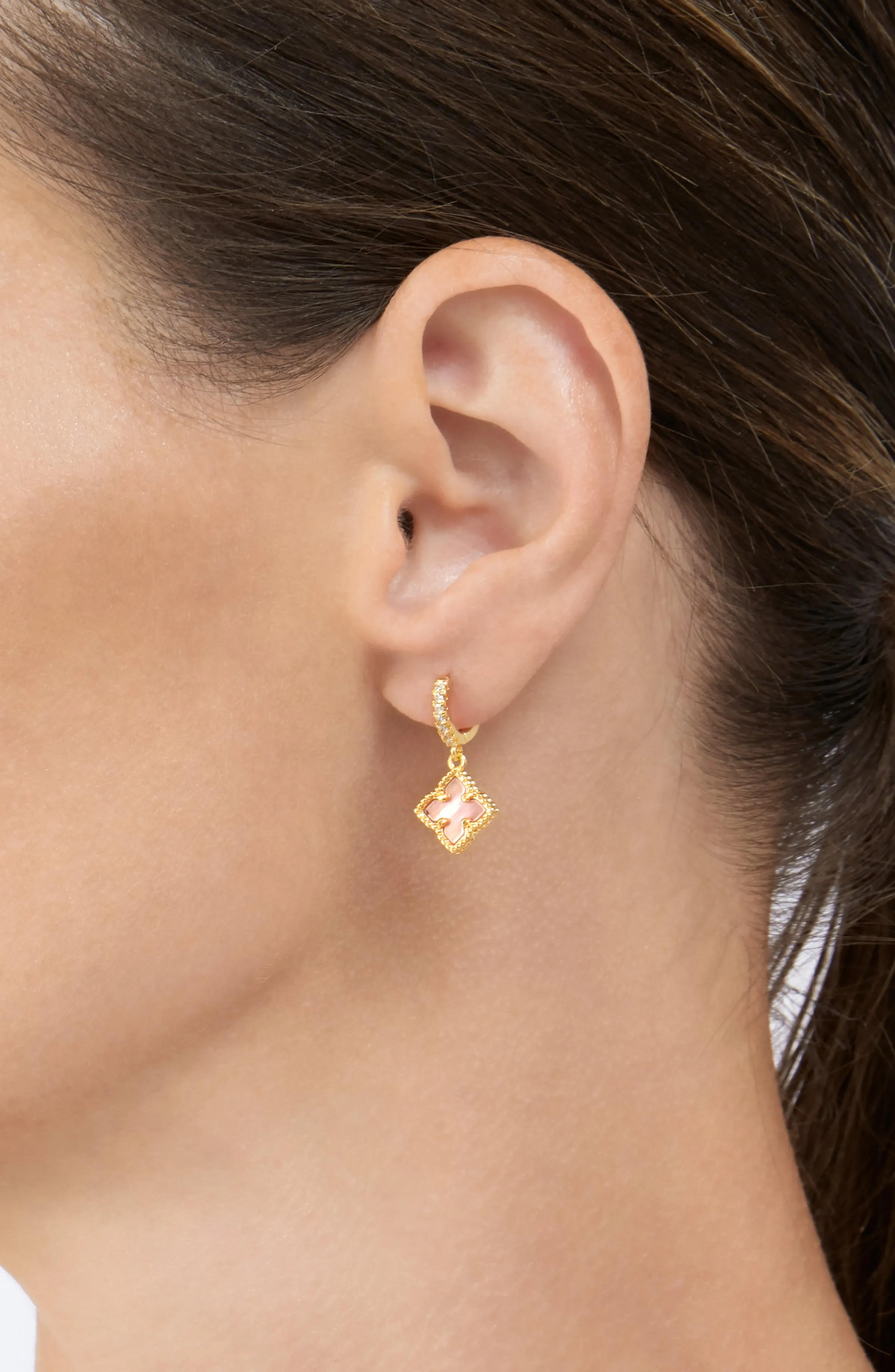Adornia Adornia Floral Dangle Hoops Pink Mother of Pearl gold